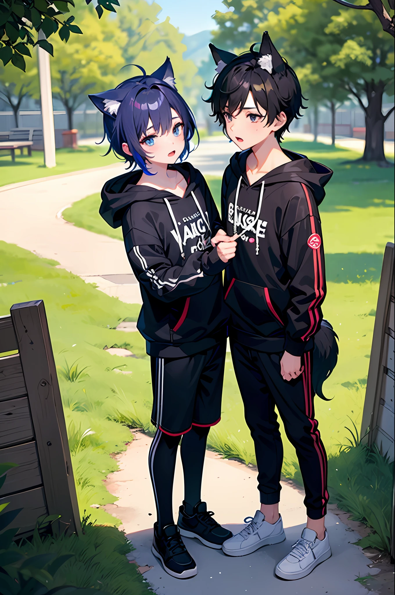 2boy, tight, sharp big wolf ears, wolf tail, black messy hair, wide and very vivid black eyes, HD, masterpiece, vibrant, slim dark crop top hoodie, full body view, trendy hair, nature rich background