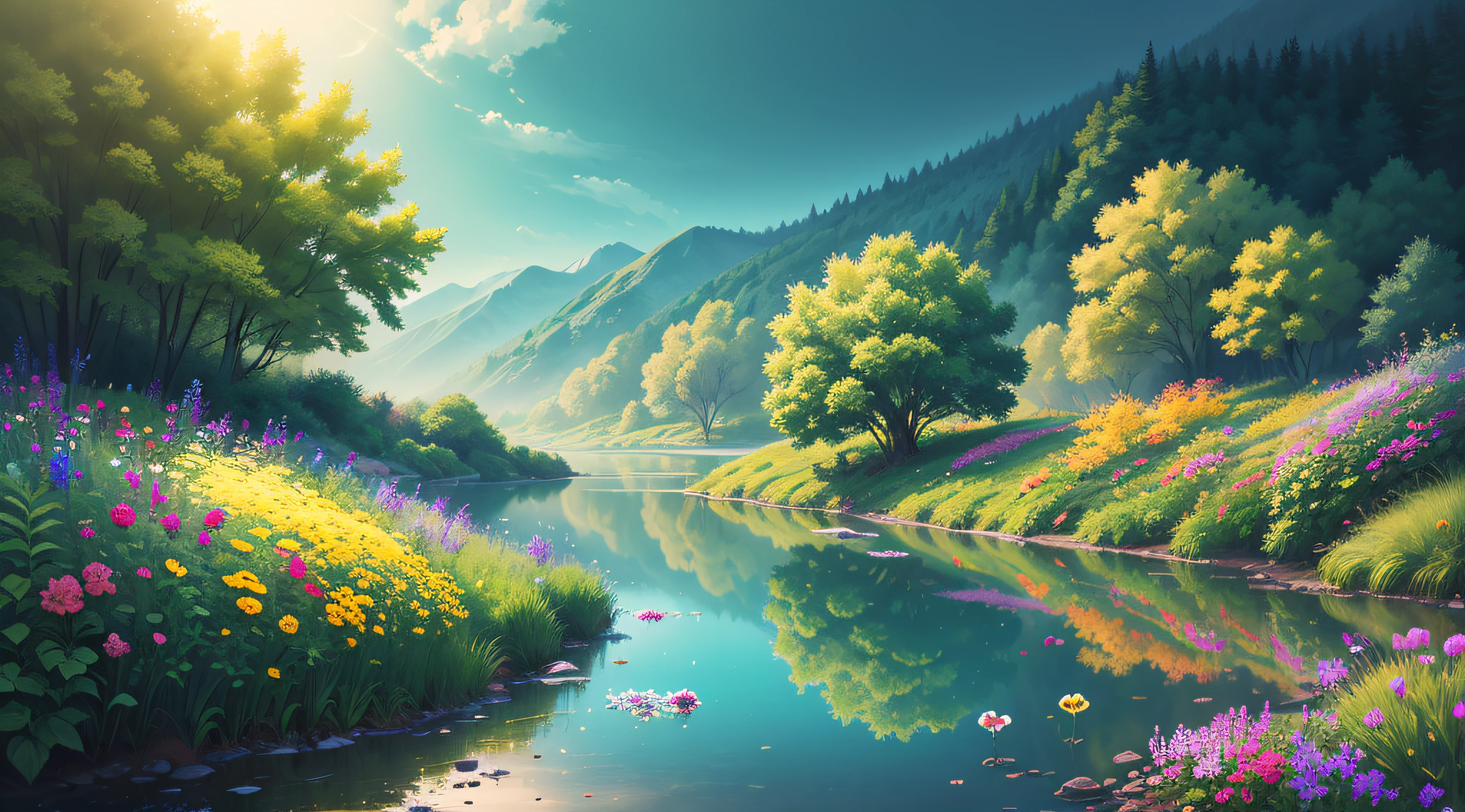 best quality, green landscape, beautiful, joy, flowers, masterpiece, beautiful wild and natural fantasy landscape with glowing lights