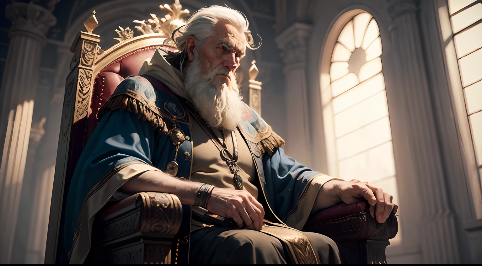 solomon from the bible, old man, old sage, enrugado, emperor, sitting on throne, detailed, cinematic light, detalhes intrincados, epic, detailed, full hd --auto