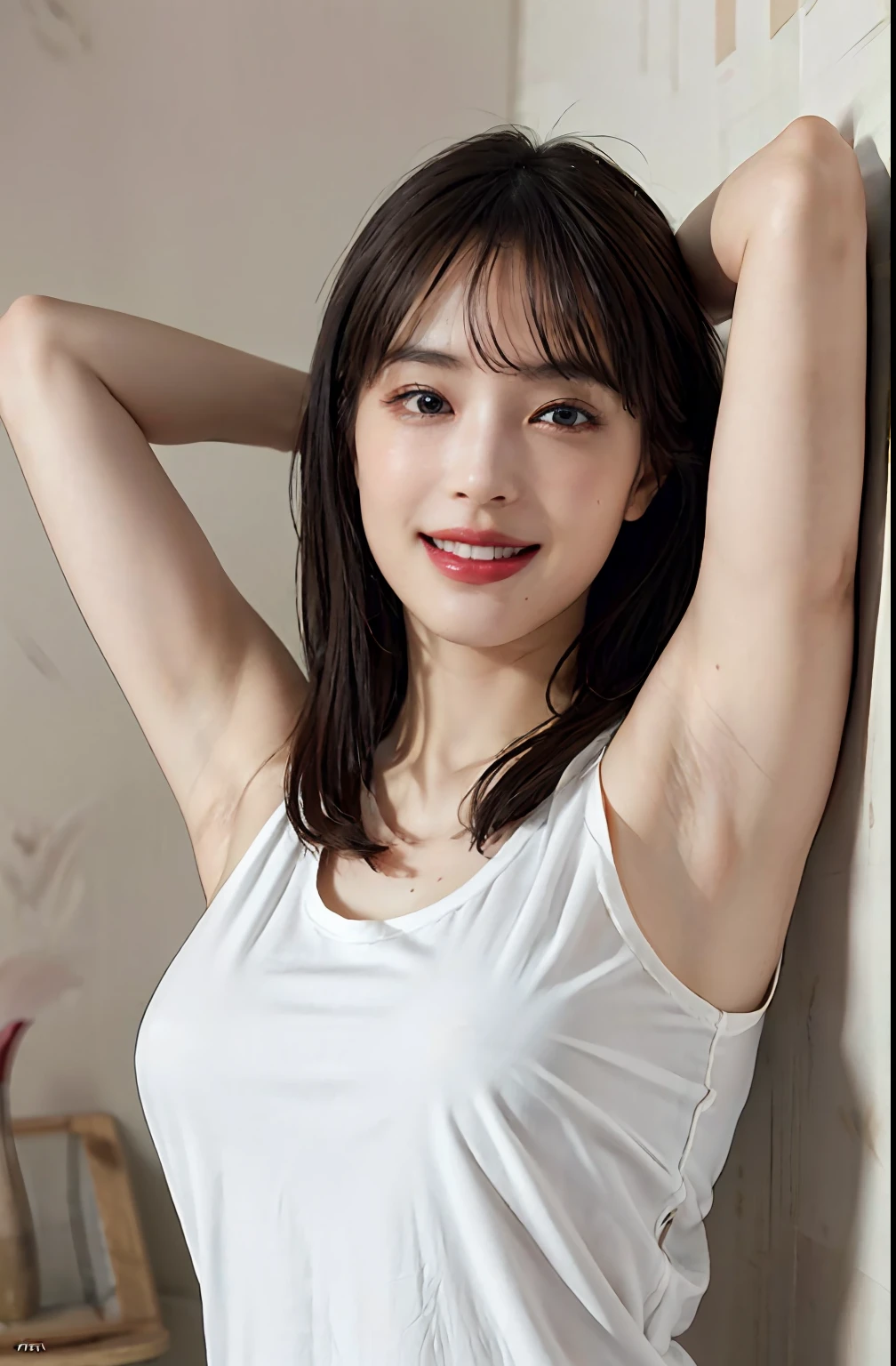 (Ultra Real), (Illustration), (High Resolution), (8K), (Very Detailed), (Best Illustration), (Beautiful Detailed Eyes), (Best Quality), (Ultra Detailed), (Masterpiece), (Wallpaper), (Detailed Face), Bed, Upper Body Up, Armpits, Smiles, Plump,Solo,Simple White Tank Top Girl, Sweaty, Japan Person, Big, (Camel Toe)