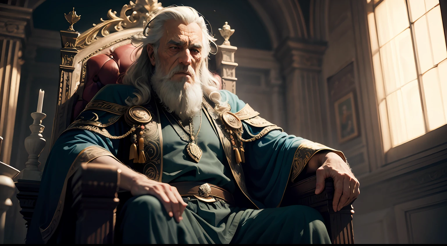 solomon from the bible, old man, old sage, enrugado, emperor, sitting on throne, detailed, cinematic light, detalhes intrincados, epic, detailed, full hd --auto