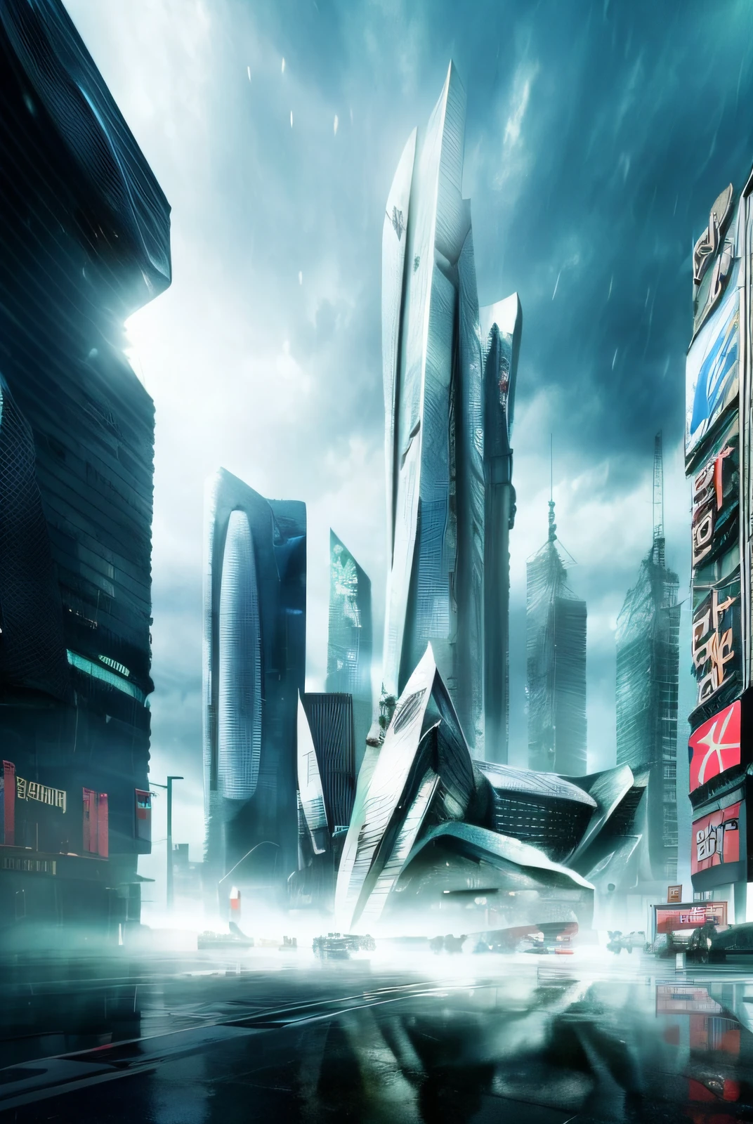 ((masterpiece, best quality)), 8k, modern architecture style, photo realistic, hyper detailed photo, clean sky, ruined city, cyberpunk,rain