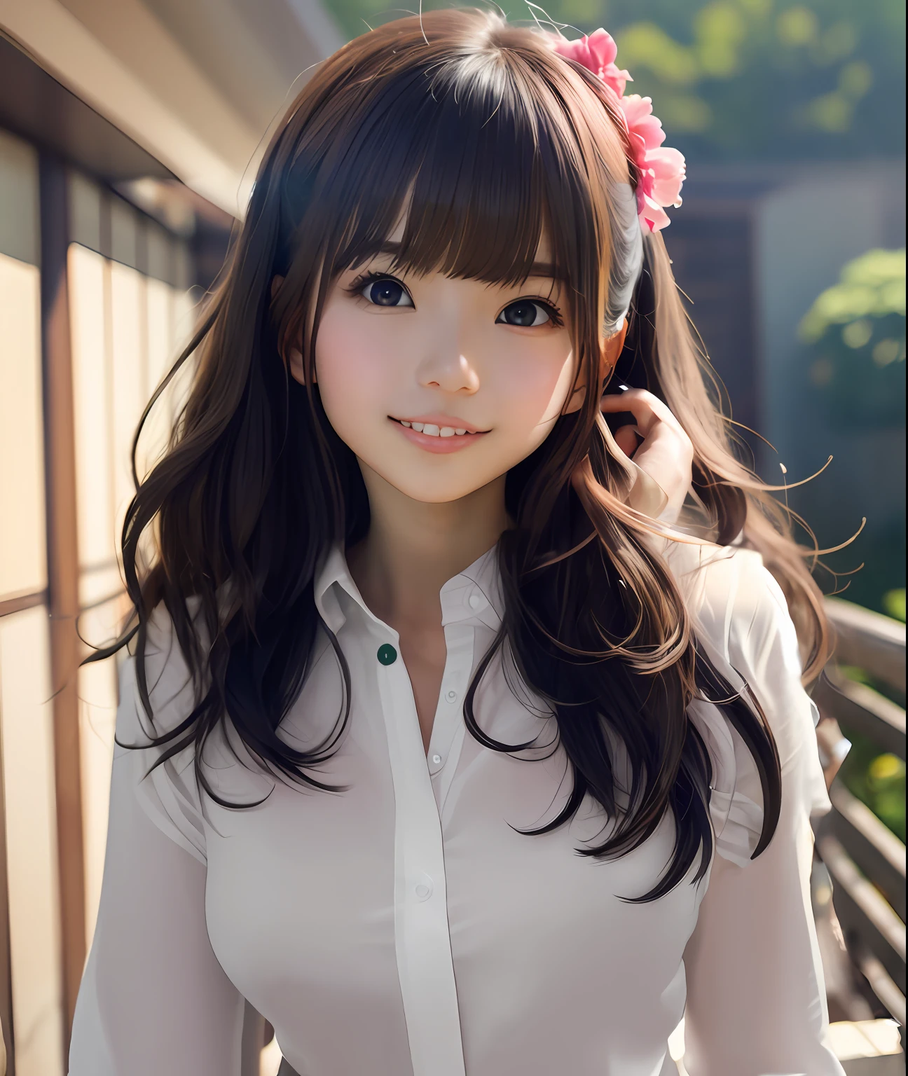 In a white blouse shirt