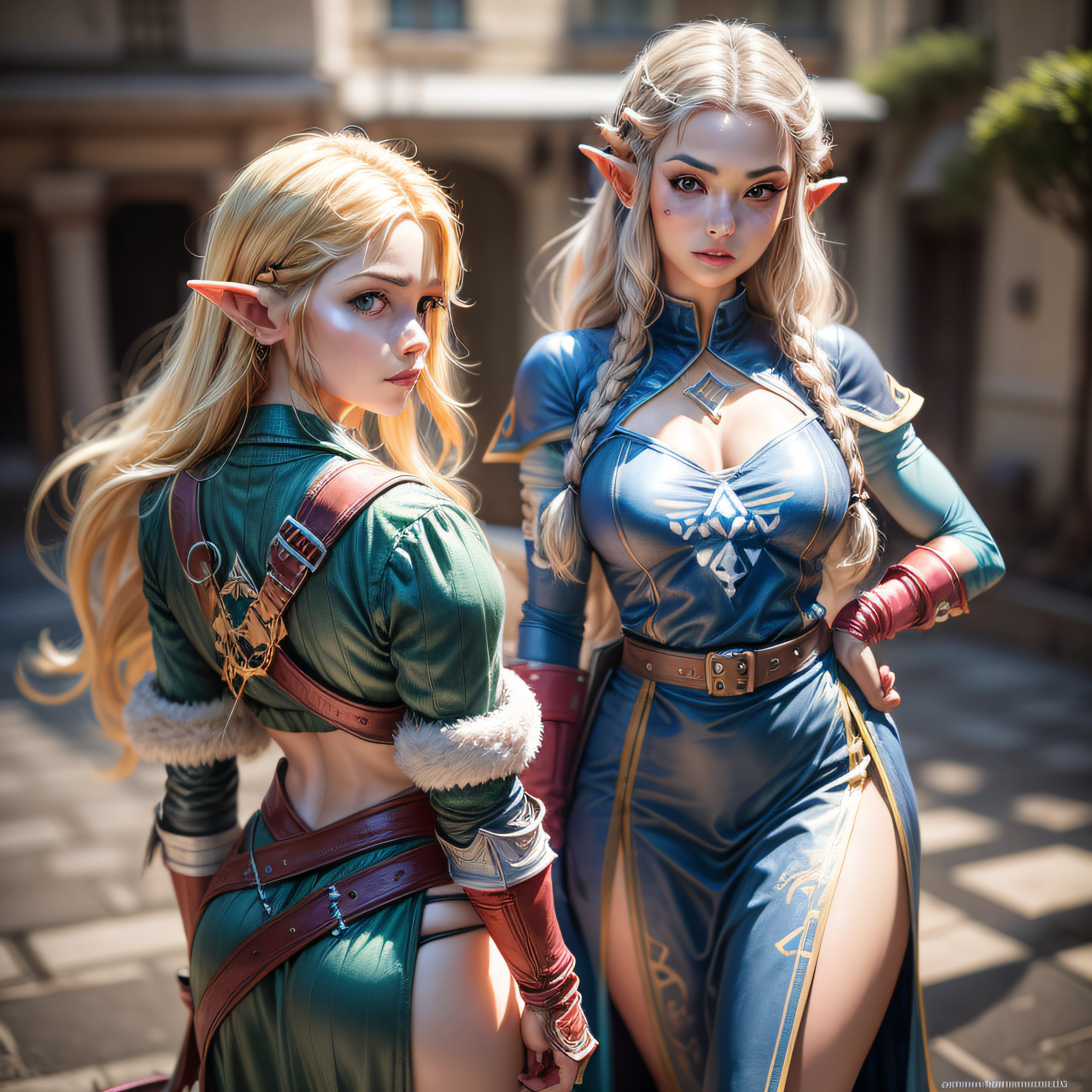 Mulher de cabelos loiros em roupa azul e bege segurando em poses de combate como em street fighter, Zelda, Retrato de Zelda, de lenda de Zelda, Link da lenda de Zelda, link do Zelda, Fotos cosplay, Cosplay ornamentado, Cosplay profissional, Cosplay, Cosplay Completo, Artgerm Moody Fotografia, Princesa Zelda, Zelda como Triforce, Hyrule, Anime Garota Cosplay, ray tracing, ray tracing, ray-traced, 4k, 3d-render, extremanente detalhado, alta qualidade, luz e sombra realistas,