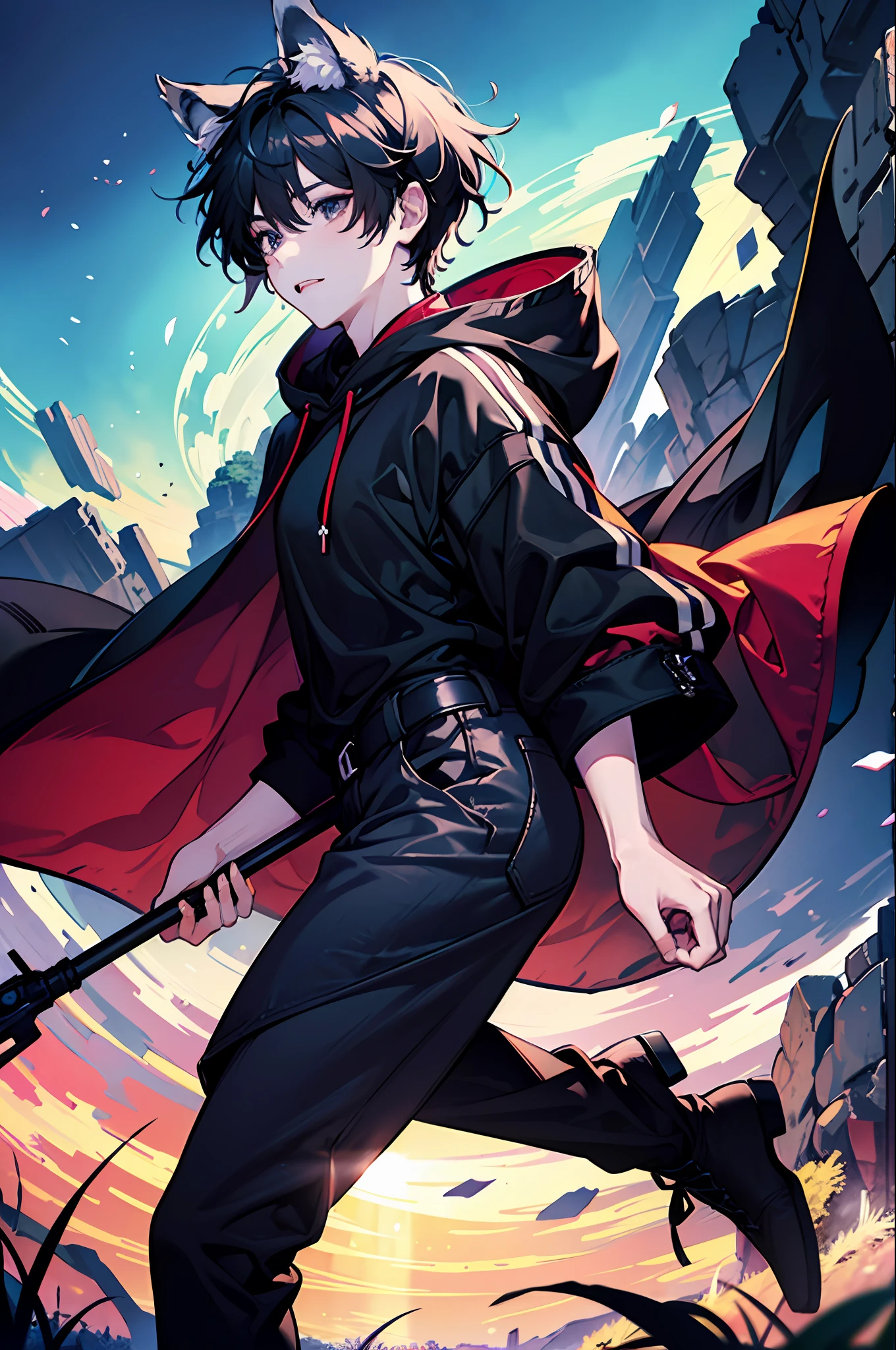 2boy, tight, sharp big wolf ears, wolf tail, black messy hair, wide and very vivid black eyes, HD, masterpiece, vibrant, slim dark crop top hoodie, full body view, trendy hair, nature rich background