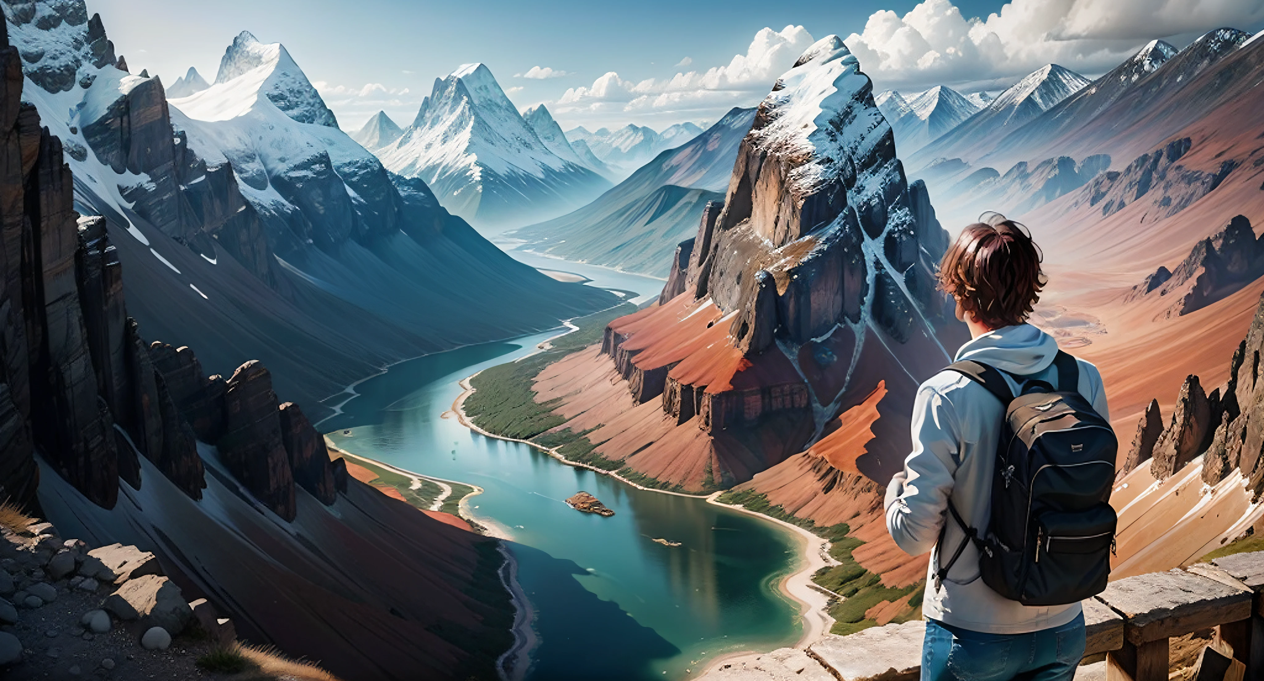 A traveler from coast to camera looking at a landscape with mountain, rivers and forests