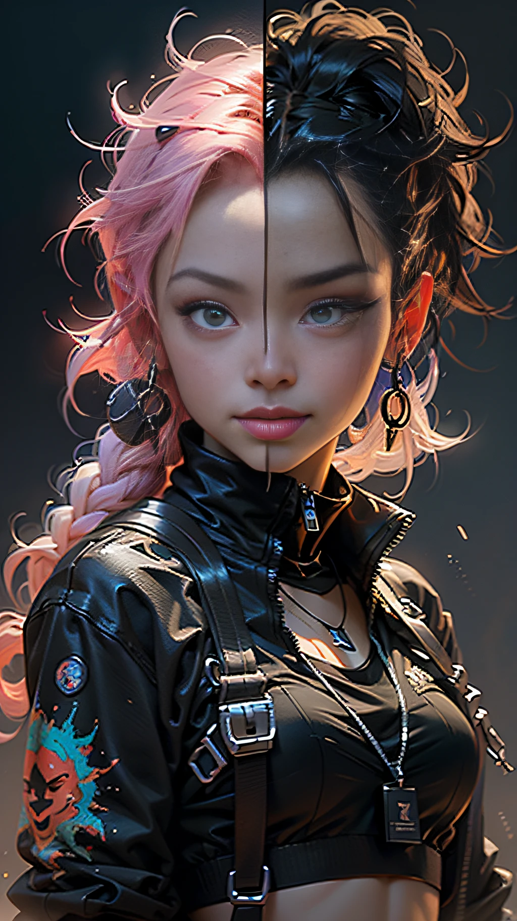 Black Family Portrait Comic Book Cover cypher underground gritty, retro, urban, dark akira anime style a close up of a person with Super Dark Skin a glowing necklace on, evil smile and glowing eyes, rossdraws cartoon vibrant, rossdraws global illumination, vibrant digital painting, neon and dark, rossdraws volumetric lighting, glowing Black face, wojtek fus, evil. vibrant colors. cute, vibrant fan art, glowing mouth, epic digital art illustration, 1girl:1.2, body covered in Diamonds and Jewelry A
 Centerfold named Shauntice, Mixed Race instagram Biracial Ethnic Caremel skin-Mode:1.2, Streetwear Hypebeast supreme:1.3 \(brand\), words on body:1.1, Instagram Braid Artist instagram Hair stylist (1girl), 2 colored hair, (Nebula smoke behind head and eyes Ethereal:1.2, , Alberto Seveso, fantasy art:1.1, ((Fantasy background))