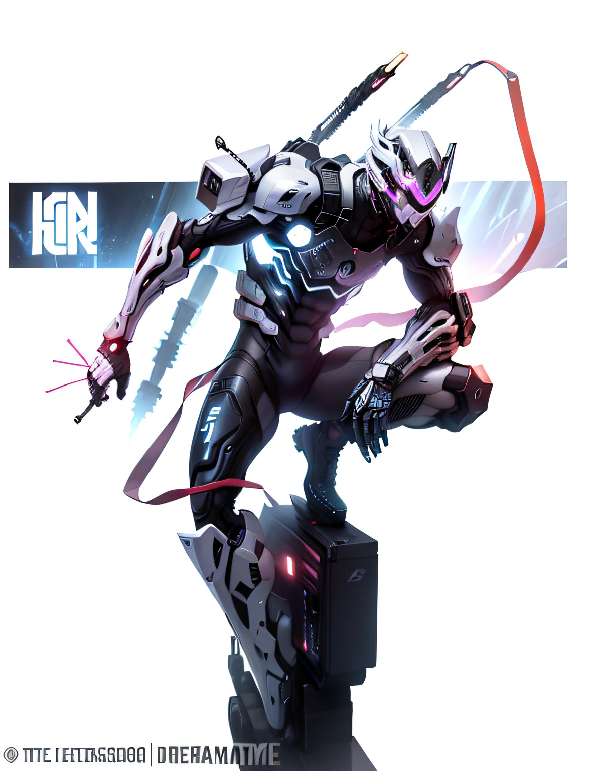 cyberpunk guy using an tecnologic armor, duas espadas nas costas, dois olhos vermelhos neon, Ultra Definition, armadura extremamente detalhada, capacete extremamente detalhado --auto