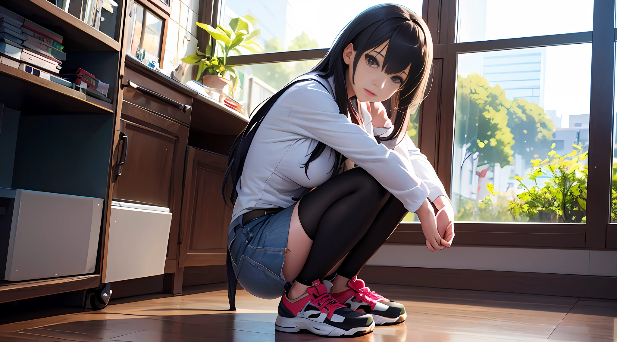 They sit on the floor，Keep your feet up，Feet support, the anime girl is crouching, professional cosplay, Anime girl cosplay, (sf) safe to work, photorealistic anime, cosplay photo, Realistic anime 3 D style, beautiful anime girl squatting, realistic cosplay, Anime girl in real life, Makoto Shinkai and Artgerm