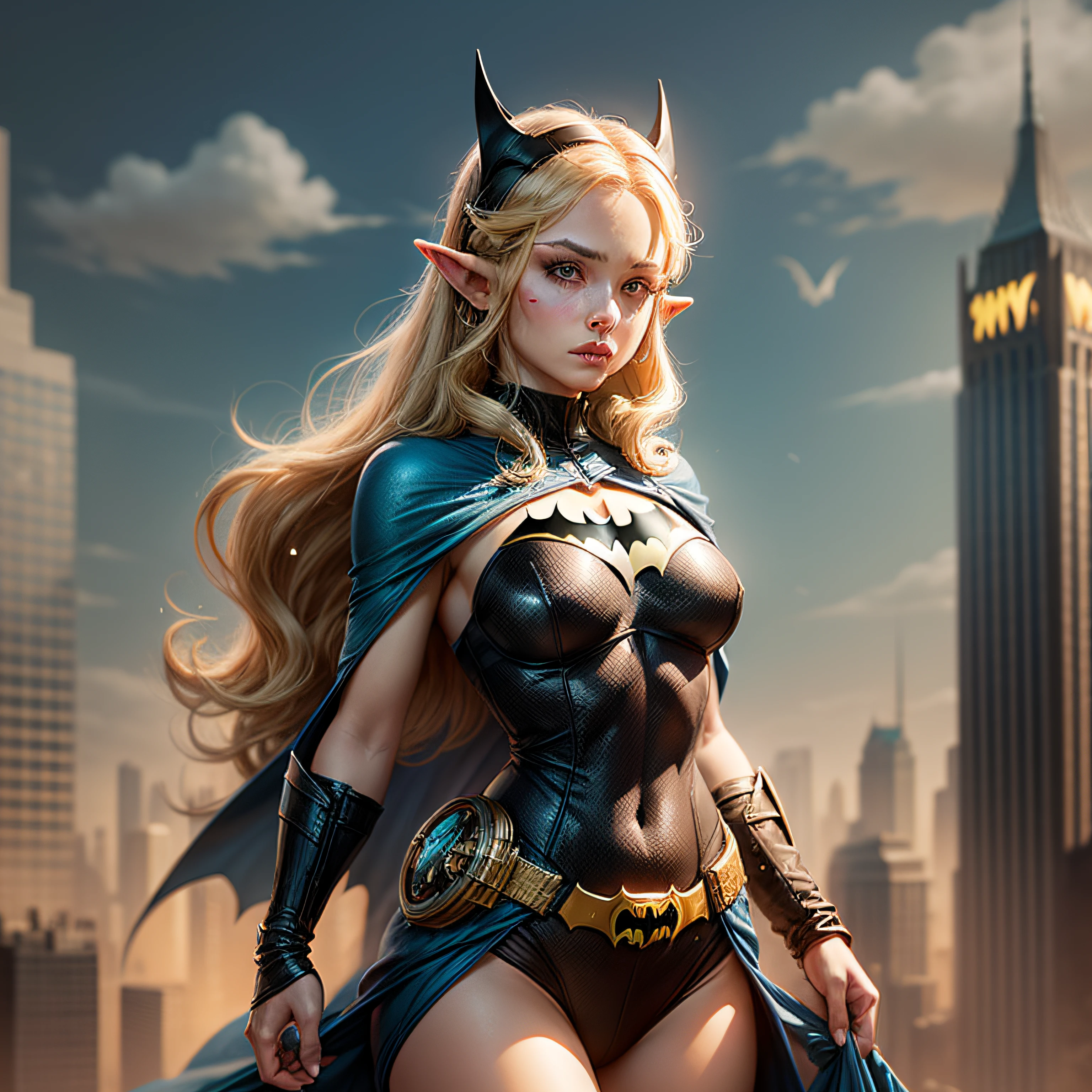 A lenda do elo de zelda vestido como batman no topo de um skycrapper