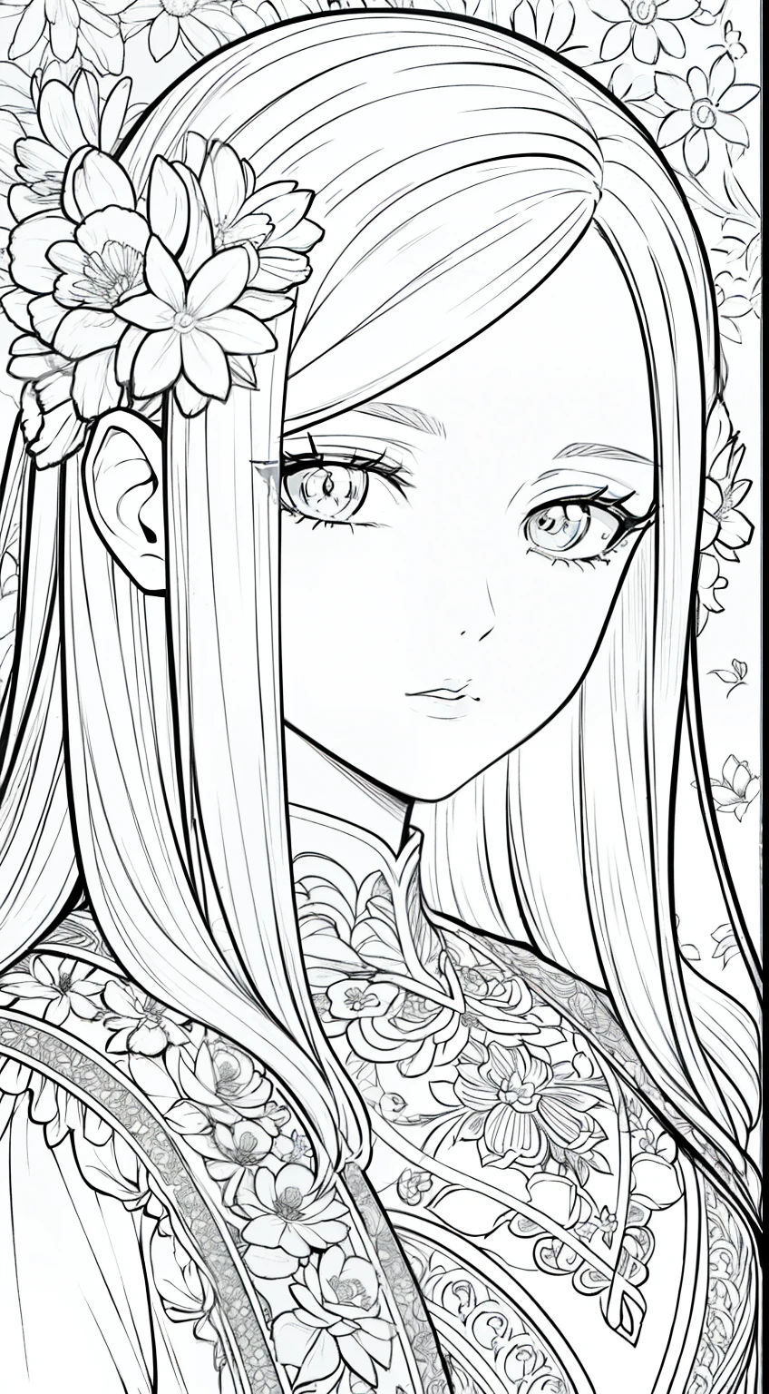 Masterpiece, best quality, (detailed background), high contrast, 1 girl, close-up of the head, flower background, clean line drawings,