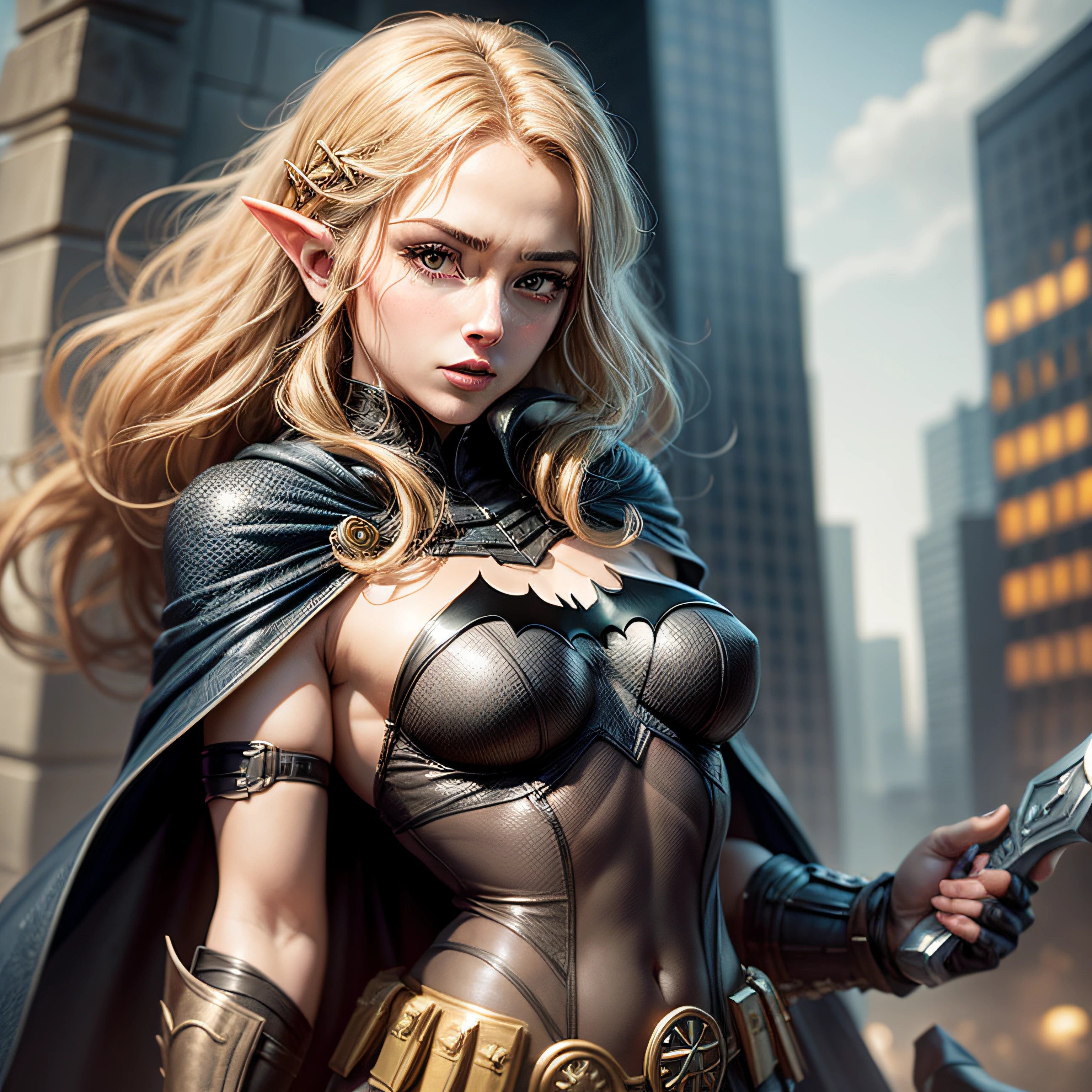 A lenda do elo de zelda vestido como batman no topo de um skycrapper