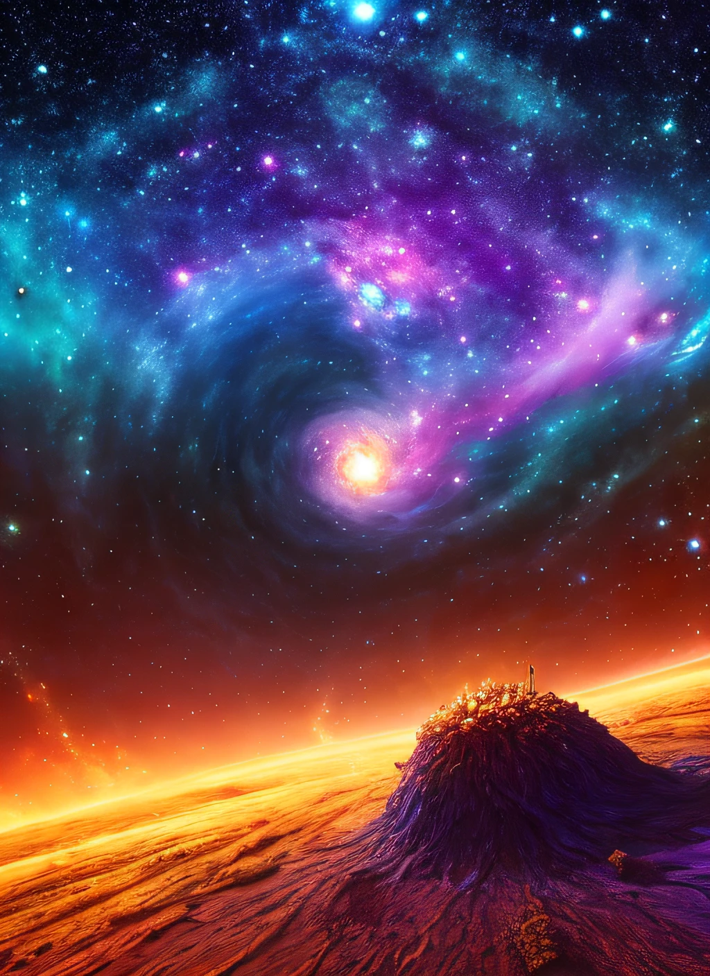 an anthill on the tardis dimension, looking into the infinite length of the universe, endless galaxies, dangerous black holes, exploding super novas, floating stars, endless staircases, starry nebulae, disturbing, cinematic atmosphere, negative dark mode, matrix atmosphere, swirling digital code with cloudstorm van gogh