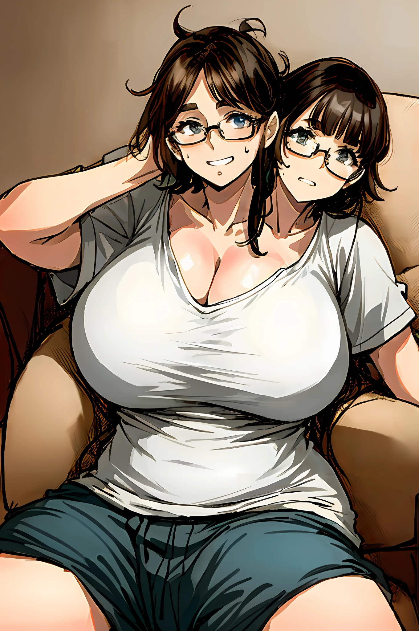 2heads, a short woman with two heads, 2 arms and 2 legs. Chubby, huge boobs. Sitting on couch. Baggy shirt and sweatpants. Messy hair. Massive breasts. Nerdy, slightly chubby.