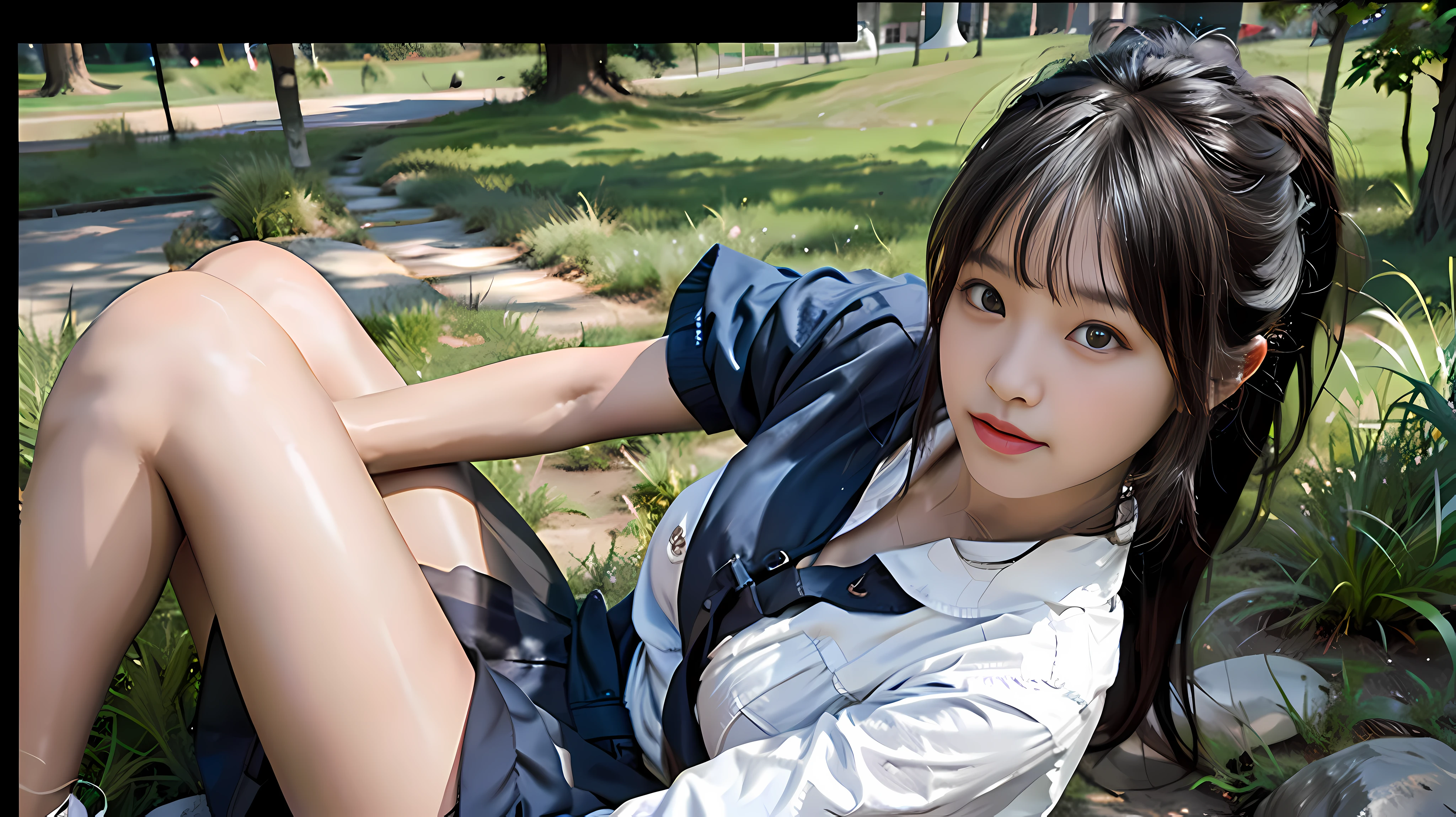 araffe asian girl in a school uniform sitting on a bench, hyperrealistic schoolgirl, hyperrealistic schoolgirl, of a schoolgirl posing, hot with shining sun, pretty face with arms and legs, wearing skirt and high socks, cute schoolgirl, Korean girl, jaeyeon nam, wearing a school soccer uniform, gorgeous korean young woman, wearing a school soccer uniform