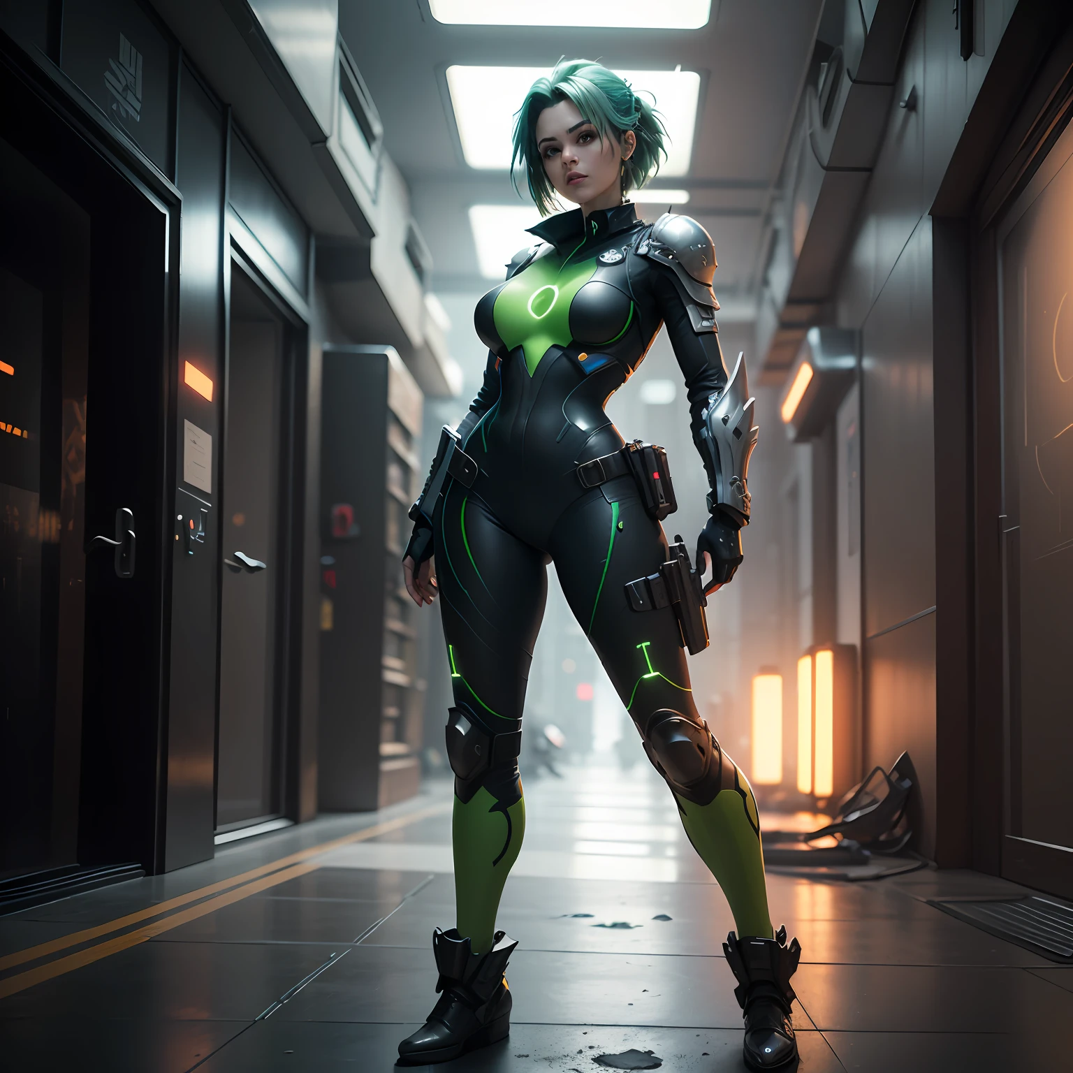 a ultra realistic cyberpunk green hair woman, with big guns, futuristic scenario, futuristic armor, lights, full body, octane render, detailed, reflexes effect, photorealistic, CGI, VFX, SFX, insanely detailed and intricate, SSAO, Ambient Occlusion, photography, cinematic, --auto