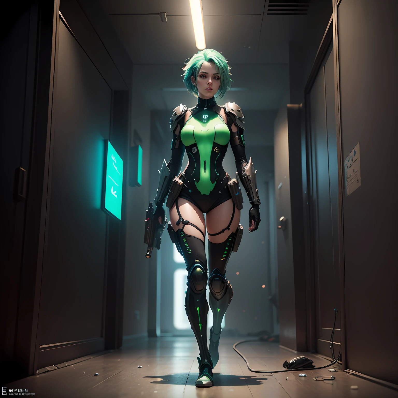 a ultra realistic cyberpunk green hair woman, with big guns, futuristic scenario, futuristic armor, lights, full body, octane render, detailed, reflexes effect, photorealistic, CGI, VFX, SFX, insanely detailed and intricate, SSAO, Ambient Occlusion, photography, cinematic, --auto