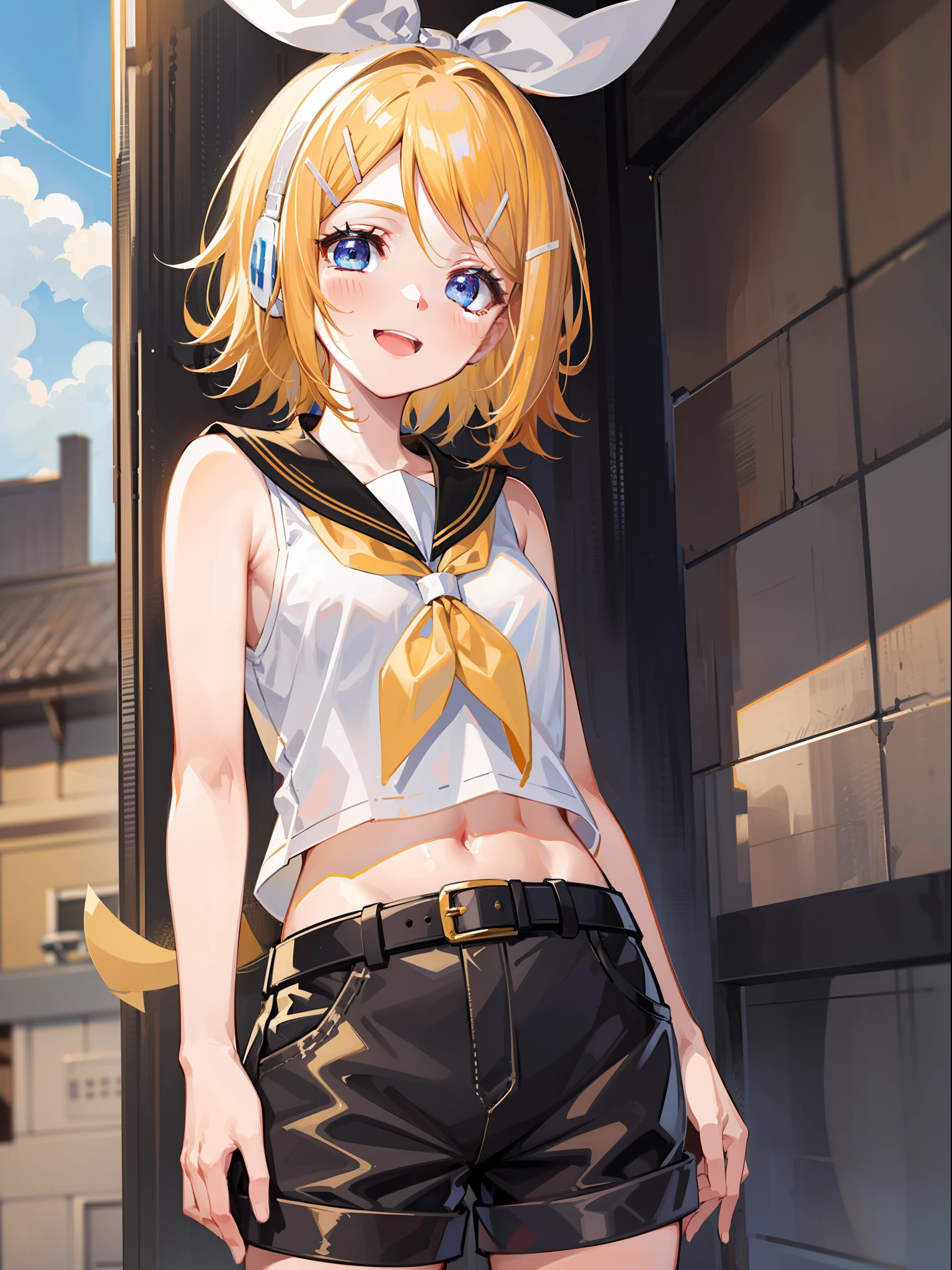 (kagamine_rin), big smile, happy, she loves you, blue eyes, (small breasts), slender, sleeveless, head phone, (gold hair), short hair, sailor collar, black short pants, white shirt, belt, young, shiny sky, outdoor