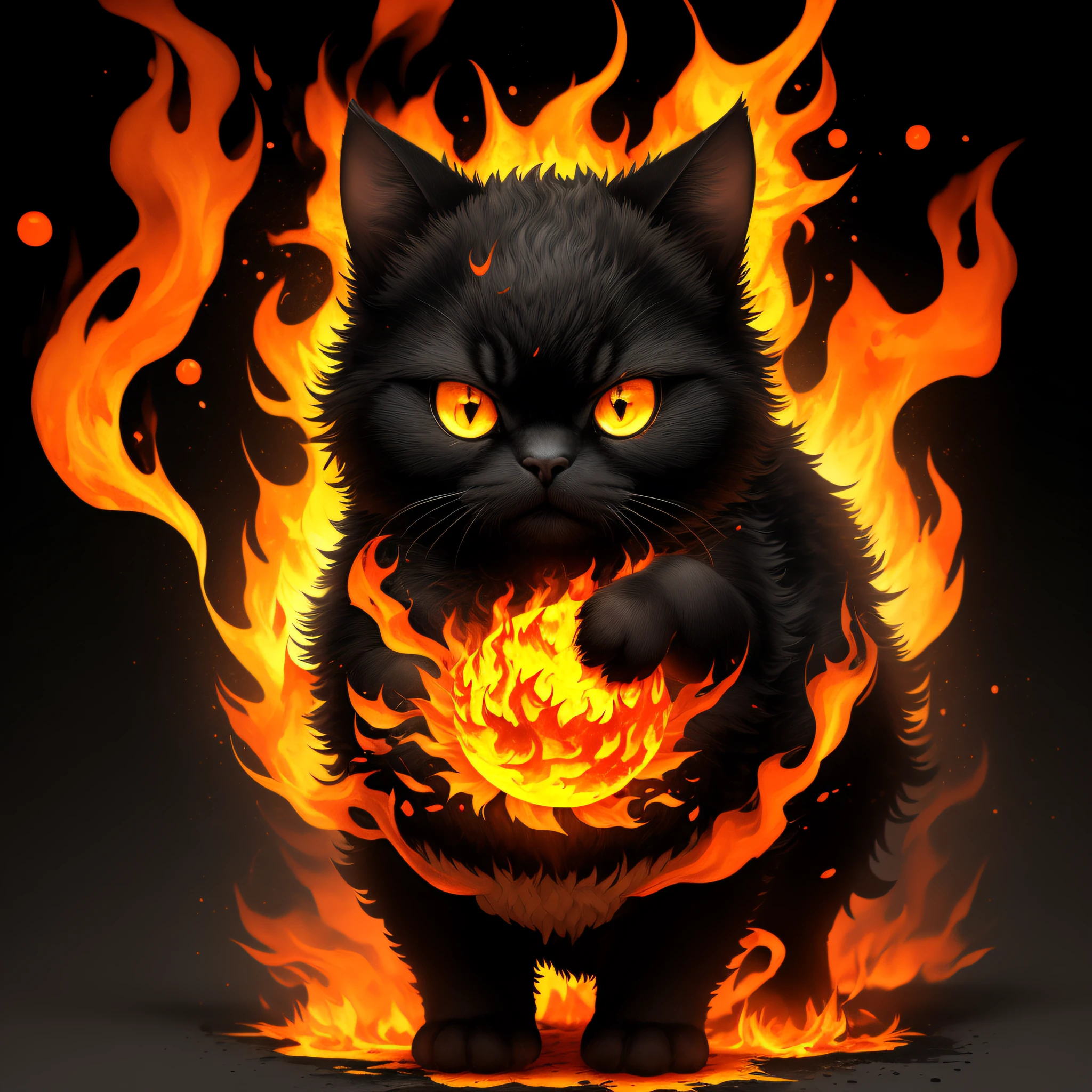 Fluffy cute ball that is a inferno, jet black fur, solid glowing yellow eyes, made of yellow orange and red flames, splashes of flames everywhere, masterpiece, best quality, ((In Splatter Art style))