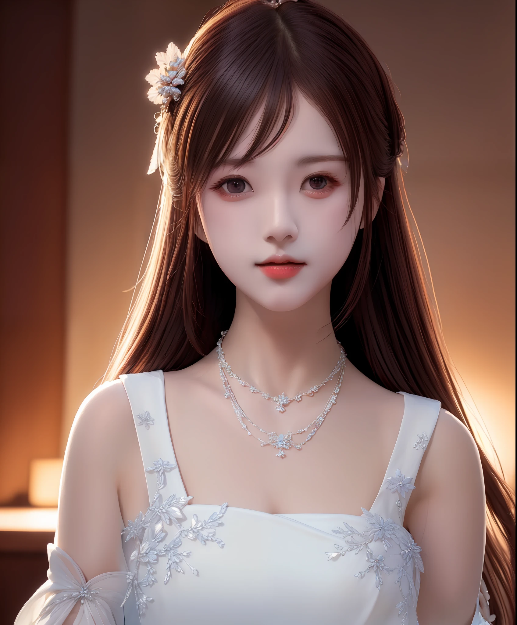 Best quality, masterpiece, high resolution, 1girl, porcelain dress, hair accessories, necklace, jewelry, beautiful face, on the body, Tyndall effect, realistic, dark studio, edge lighting, two-tone lighting, (high detail skin: 1.2), 8k UHD, dslr, soft light, high quality, volumetric light, candid, photo, high resolution, 4k, 8k, background blur,