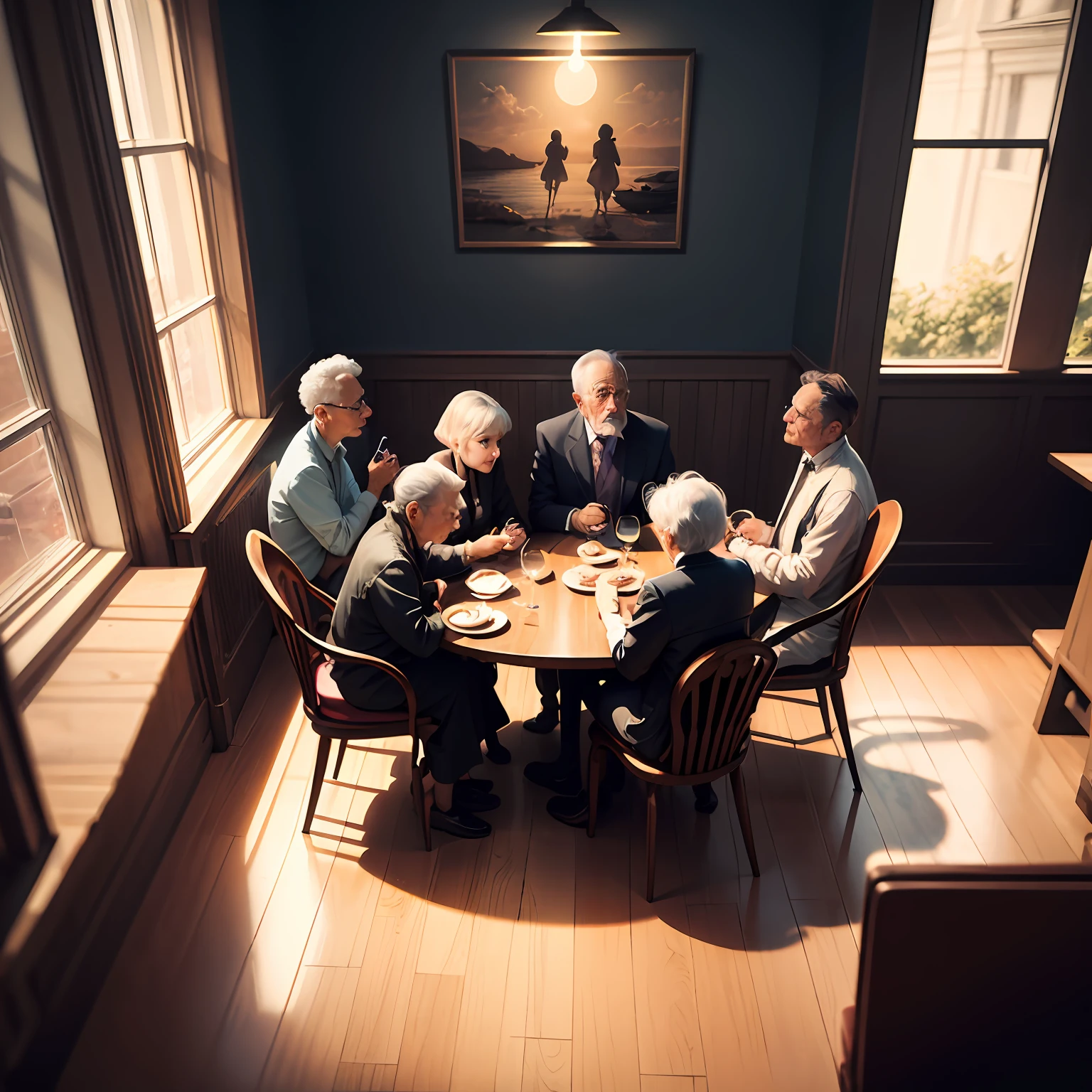 An art illustration of a restaurant, 8 sad silhouettes full body are sitting together around a table set, they are 4 adults, one old lady, one old man, one boy and one girl; children book illustrations style, high definition silhouettes that allows to recognize adults, the elderly and children --auto