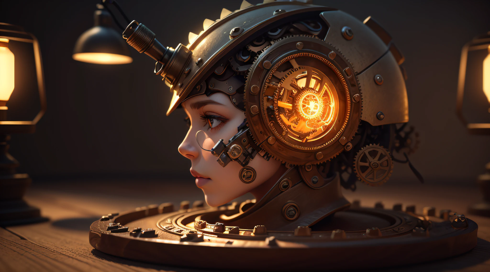 A 3D brain in steampunk style, with gears and mechanical elements incorporated. The lighting is warm and emphasizes the metallic details of the brain. The camera captures the brain in a close-up, mostrando os pequenos detalhes e a complexidade do design. --auto