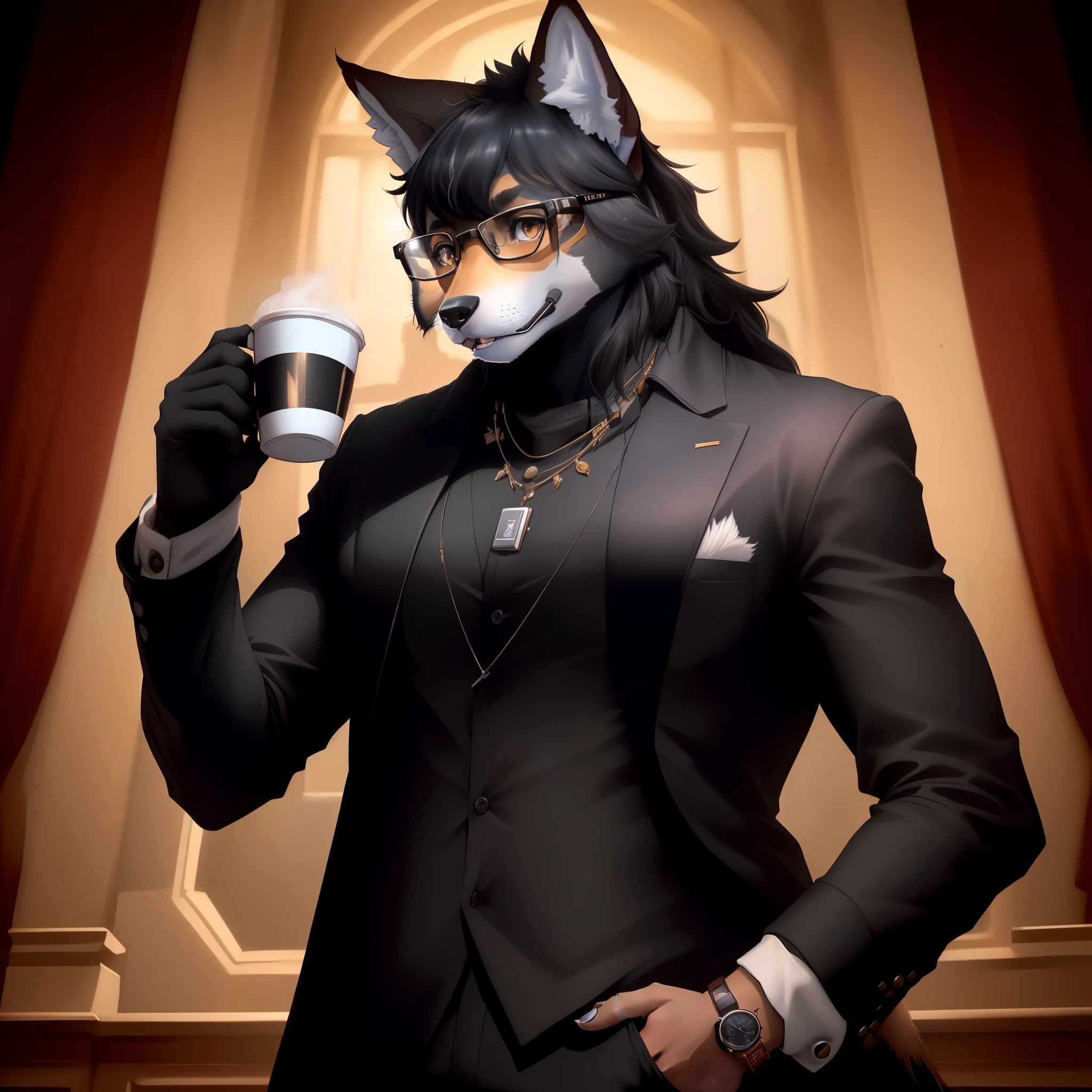 Toca peluda, Fursona, black shirt is short, eyewear, (Maned wolf), observando o entardecer, (varanda), Coffee House