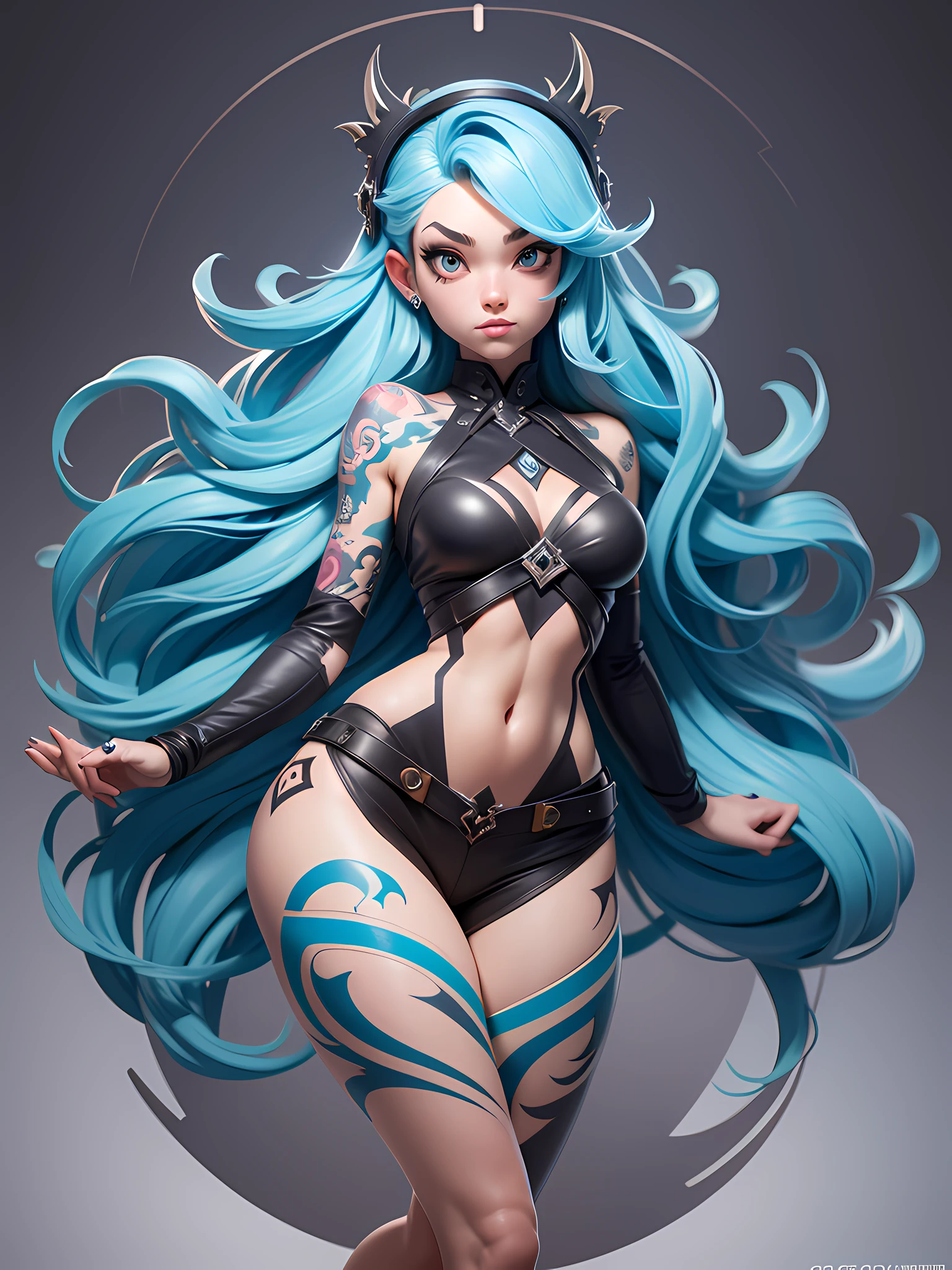 Ultra-High-Definition-2D-Kunst, Nahaufnahme (1 Frau), hellblaue Haare, 2D-Animationsstil, weiche und zarte Darstellung, Attention also to her full-body tattoos (Ganzkörperkunst), Landschaftsmodus, Meisterwerke von Guweiz und James Jean, Tattoo-Experten-Designs von CGSCOSITY, A beautiful blue-haired girl, that became a hot topic at Japan's trend art station.