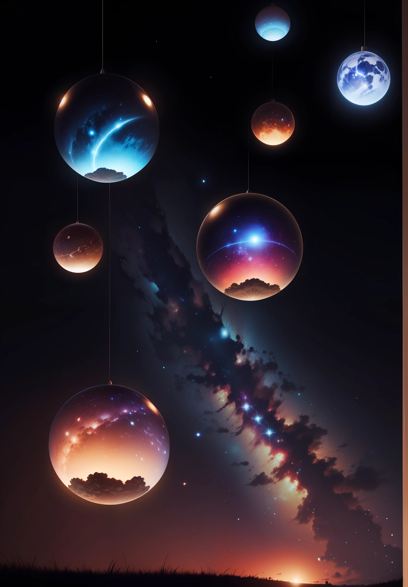 The stars of the Milky Way,Big Dipper,Sphere Planet,aureola borealis,Best Picture Quality,8K,rendering,Colorful