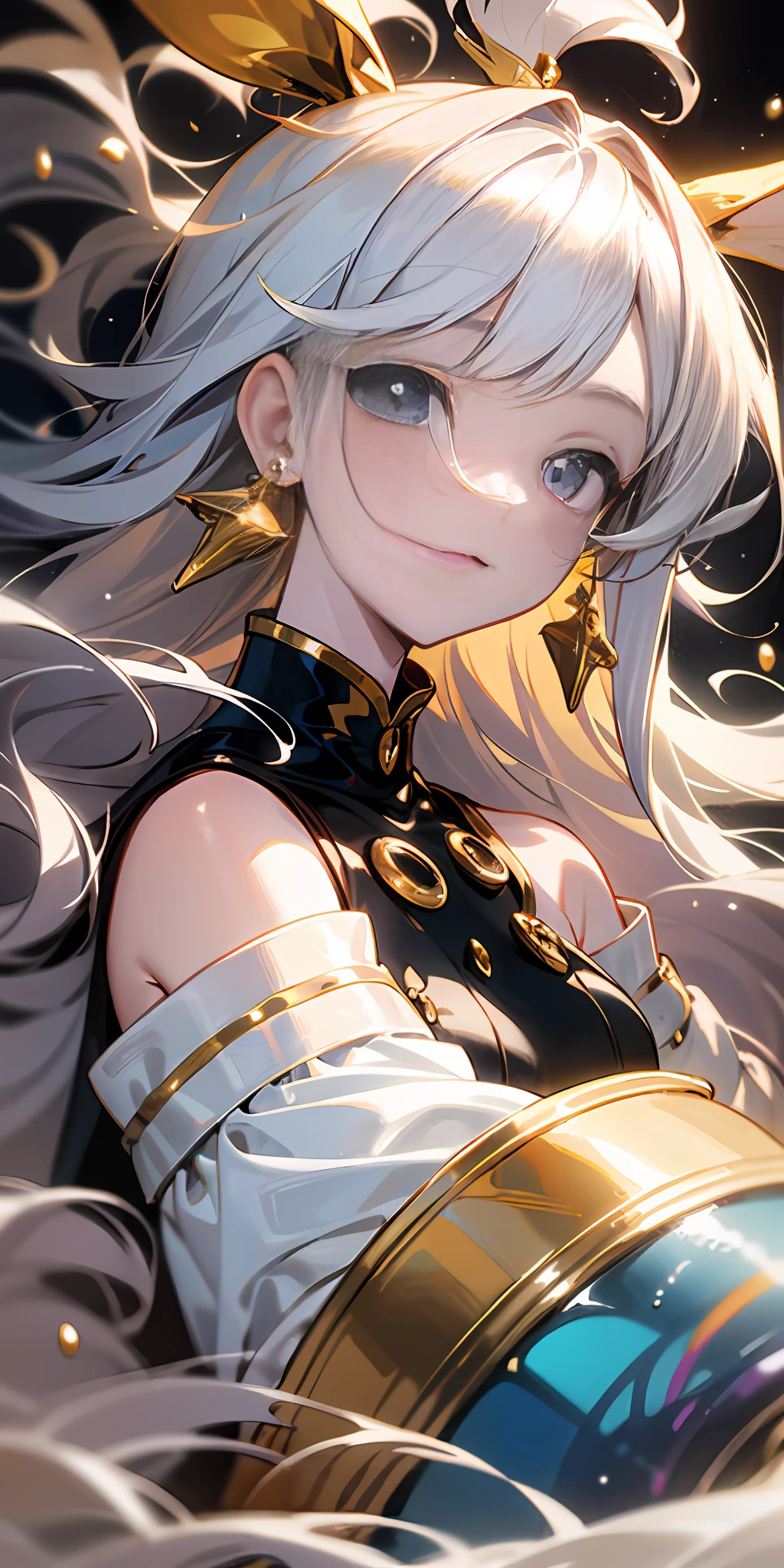 (The Masterpiece,best qulaity),Two-dimensional girl white broken hair gray eyes glitter eyes gray eyes aristocratic gold off-the-shoulder puff sleeves Lolita ink flowing cloud sleeves fringed earrings silver super delicate hair accessories gold rendering rabbit ears plus details exquisite fine intense color full of detail highest quality ray tracing well-lit high finish splash ink painting illustration water drop decoration gorgeous aesthetic detail light masterpiece best quality shine water waves float