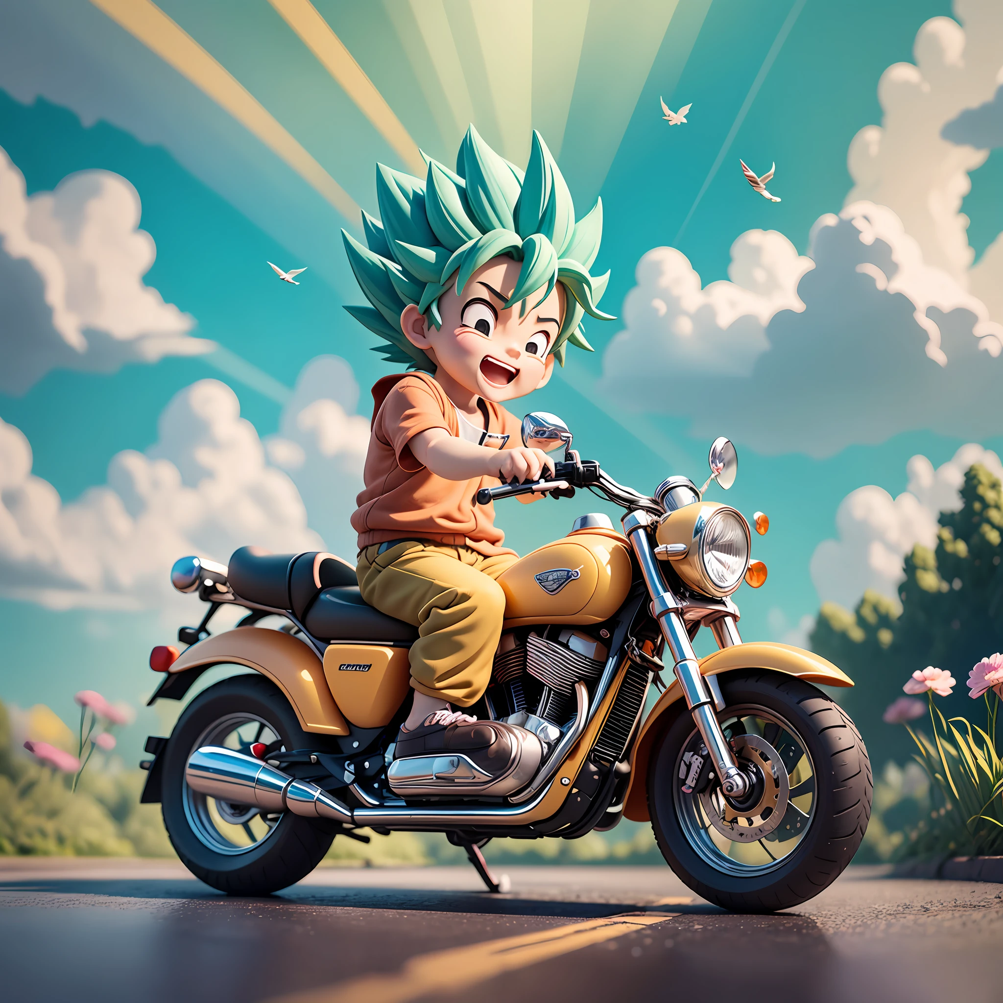 rain drops,Clouds,sunrays,highway,Little boy driving a roadster,son goku,SuperSaiyan,Laugh,Spiked hairstyle,Flowers,yama,kali,The bird,Rich colors,chibi,blind box toy style, Ghibli-like colours, Pixar, 8k, super detail, UHD, masterpiece, textured skin, super detail, UHD