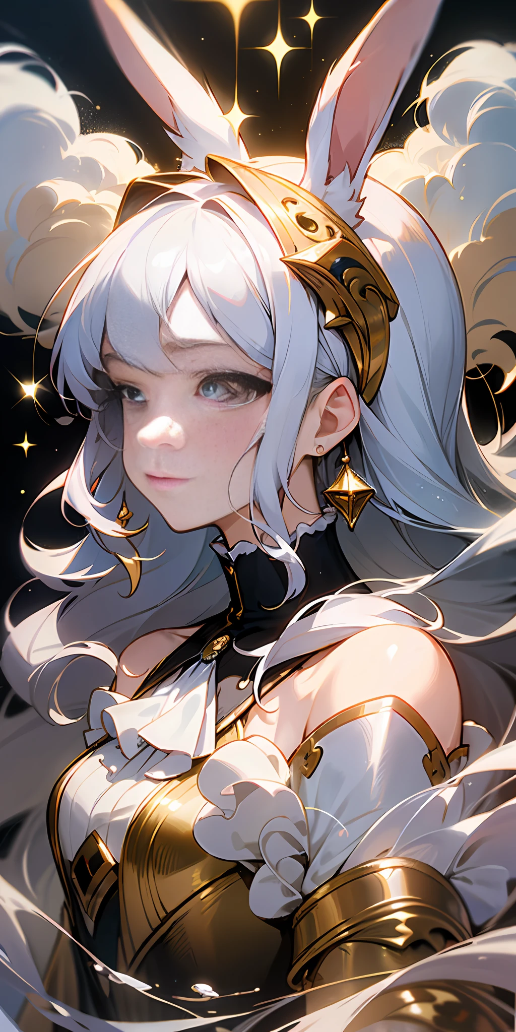 (The Masterpiece,best qulaity),Two-dimensional girl white broken hair gray eyes glitter eyes gray eyes aristocratic gold off-the-shoulder puff sleeves Lolita ink flowing cloud sleeves fringed earrings silver super delicate hair accessories gold rendering rabbit ears plus details exquisite fine intense color full of detail highest quality ray tracing well-lit high finish splash ink painting illustration water drop decoration gorgeous aesthetic detail light masterpiece best quality shine water waves float