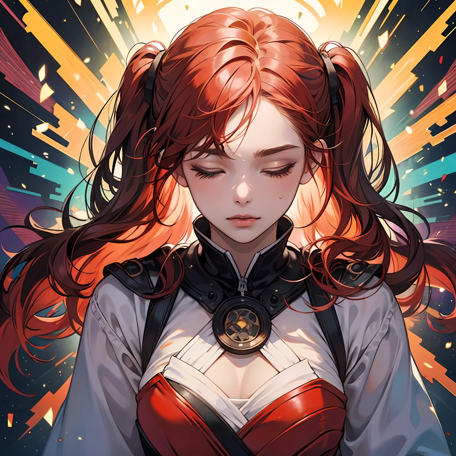 (masterpiece, best quality), 1girl, warrior, closed eyes, concentrated, body sculptures, red hair splashing, abstract, psychedelic, --auto