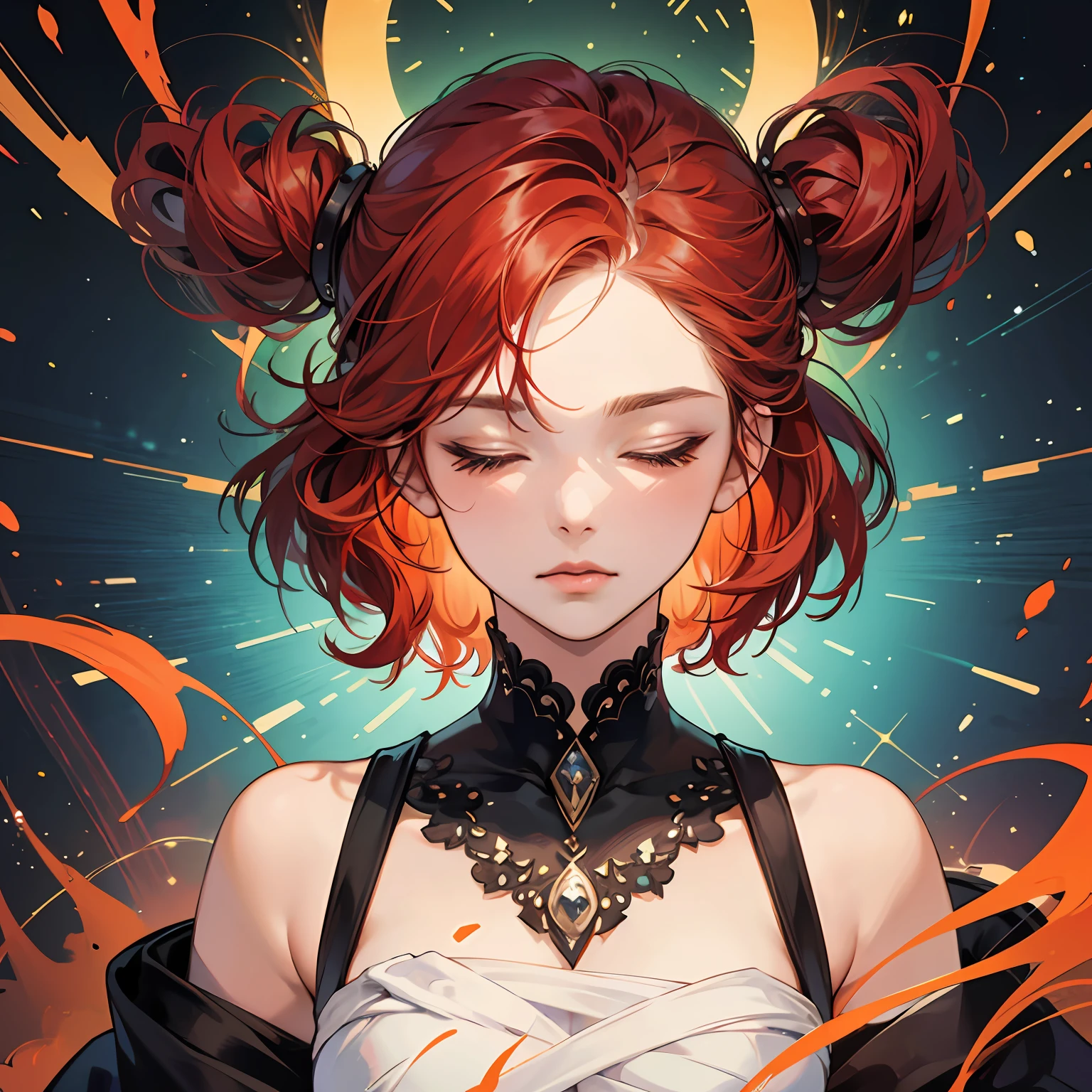 (masterpiece, best quality), 1girl, warrior, closed eyes, concentrated, body sculptures, red hair splashing, abstract, psychedelic, --auto
