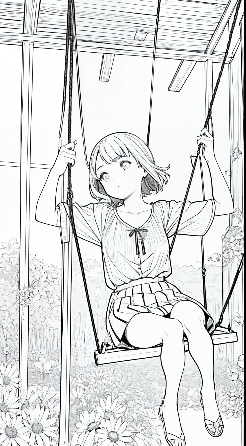 obra maestra, mejor calidad, (fondo detallado), alto contraste, 1 girl swinging on a swing, primer plano de la cabeza, fondo de flores, clean line drawings, sharp image, imagen no borrosa, Well-defined lines