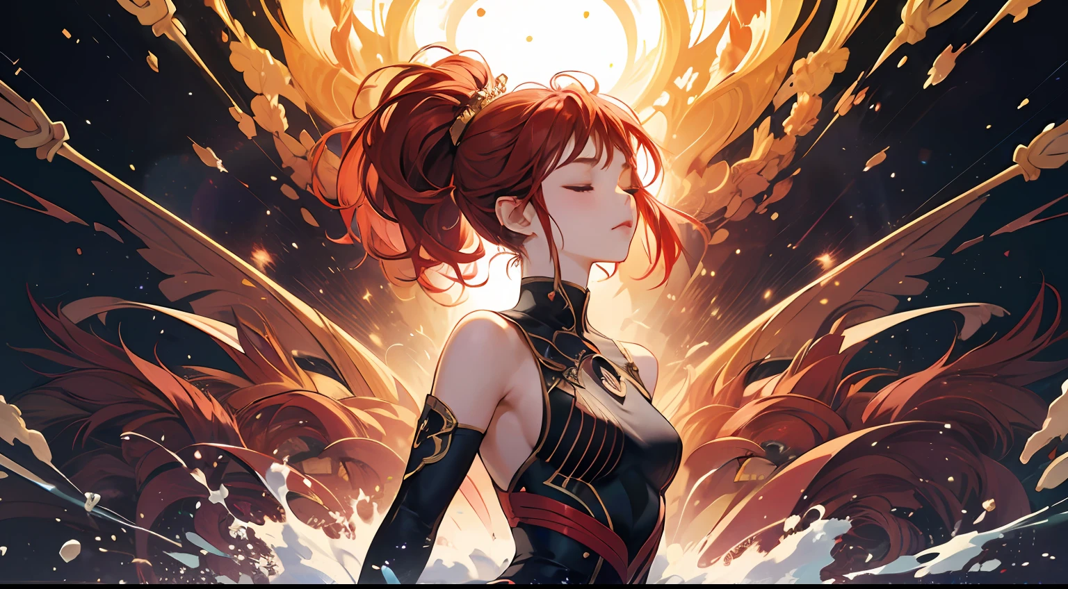(masterpiece, best quality), 1girl, warrior, closed eyes, concentrated, body sculptures, red hair splashing, abstract, psychedelic, --auto