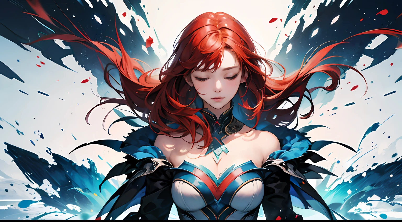 (masterpiece, best quality), 1girl, warrior, closed eyes, concentrated, body sculptures, red hair splashing, abstract, psychedelic, --auto
