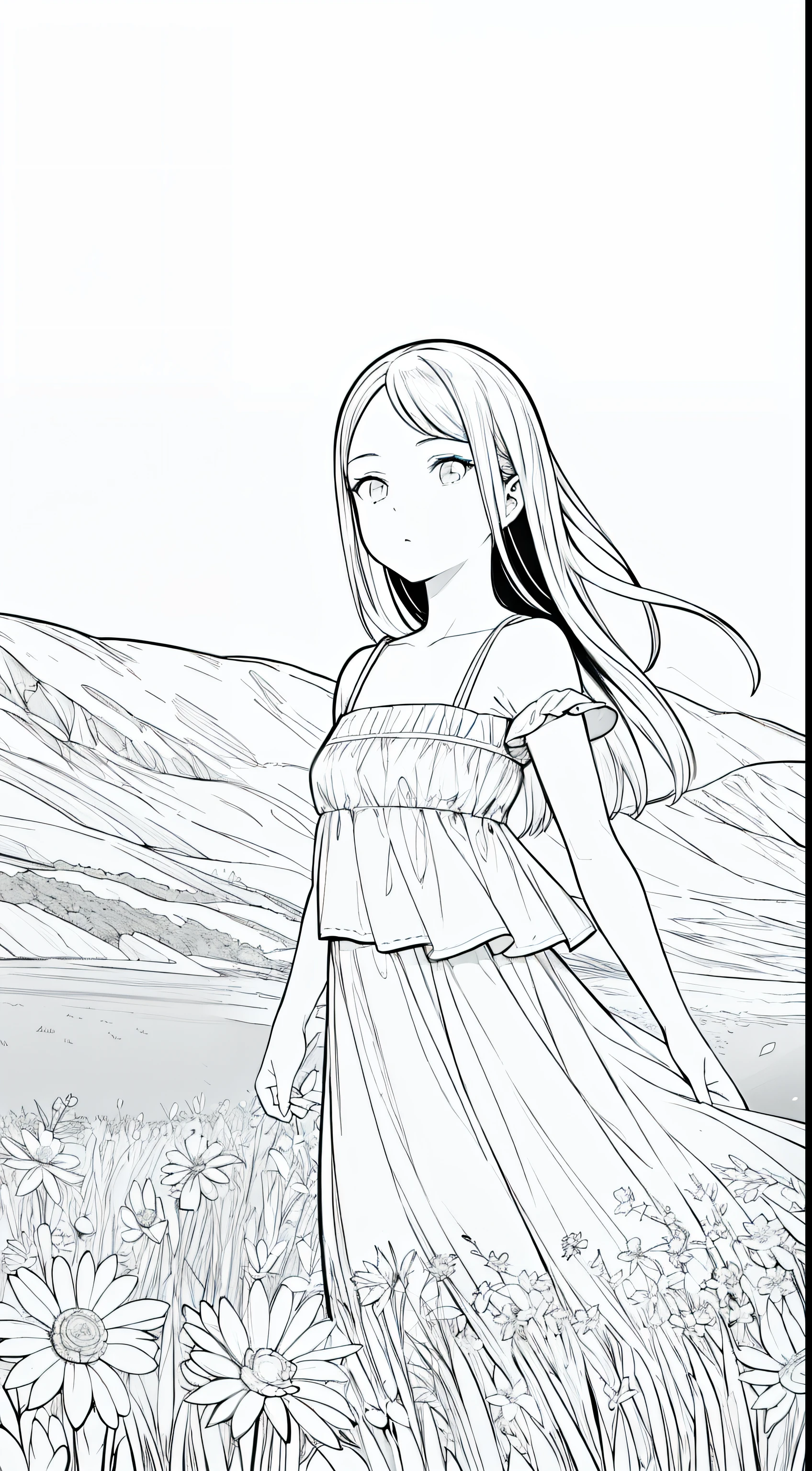 obra maestra, mejor calidad, (fondo detallado), alto contraste, 1 girl walking through a meadow, primer plano de la cabeza, fondo de flores, clean line drawings, sharp image, imagen no borrosa, Well-defined lines, imagen clara, calidad HD