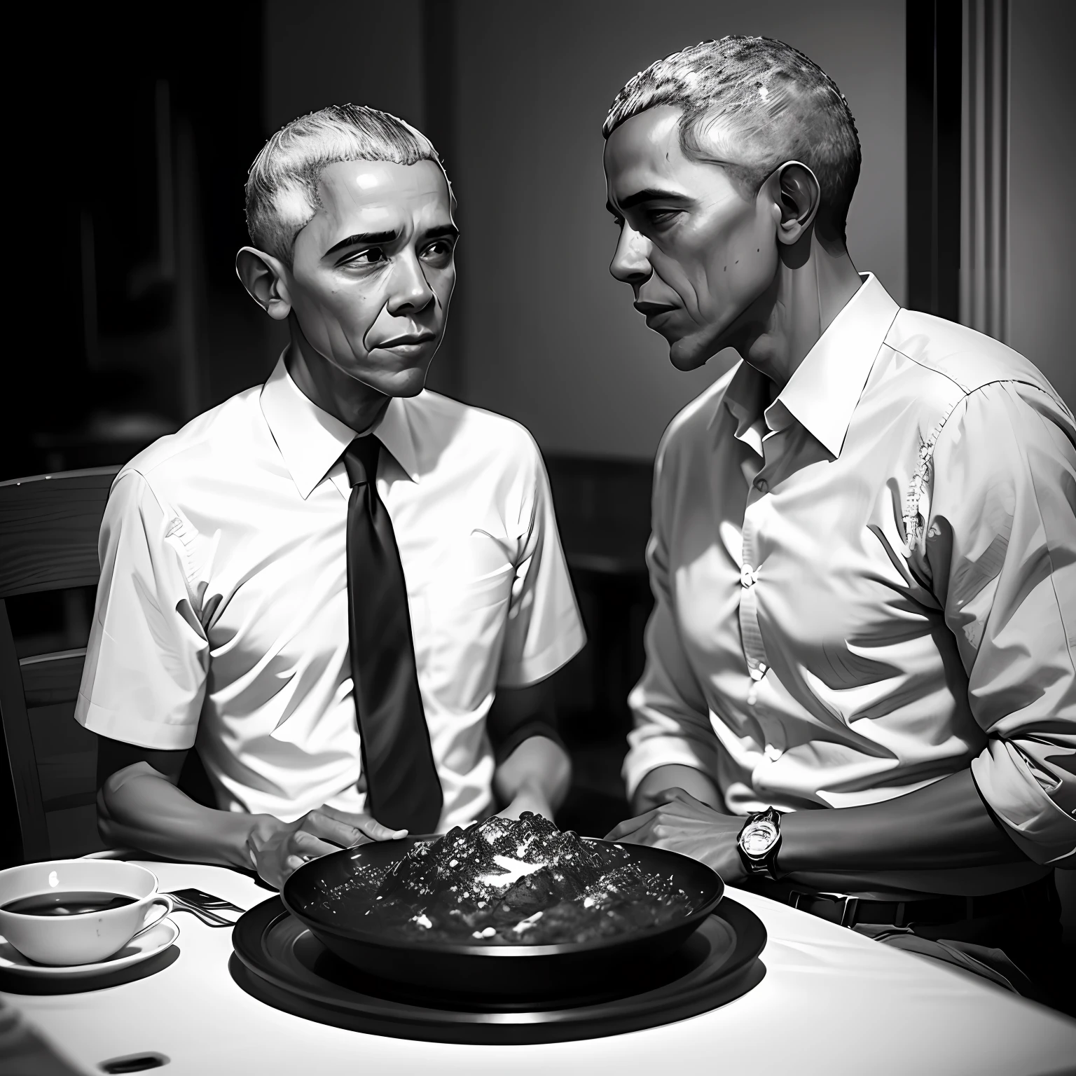 ultra realistic black white photo of Barack Obama at the table --auto