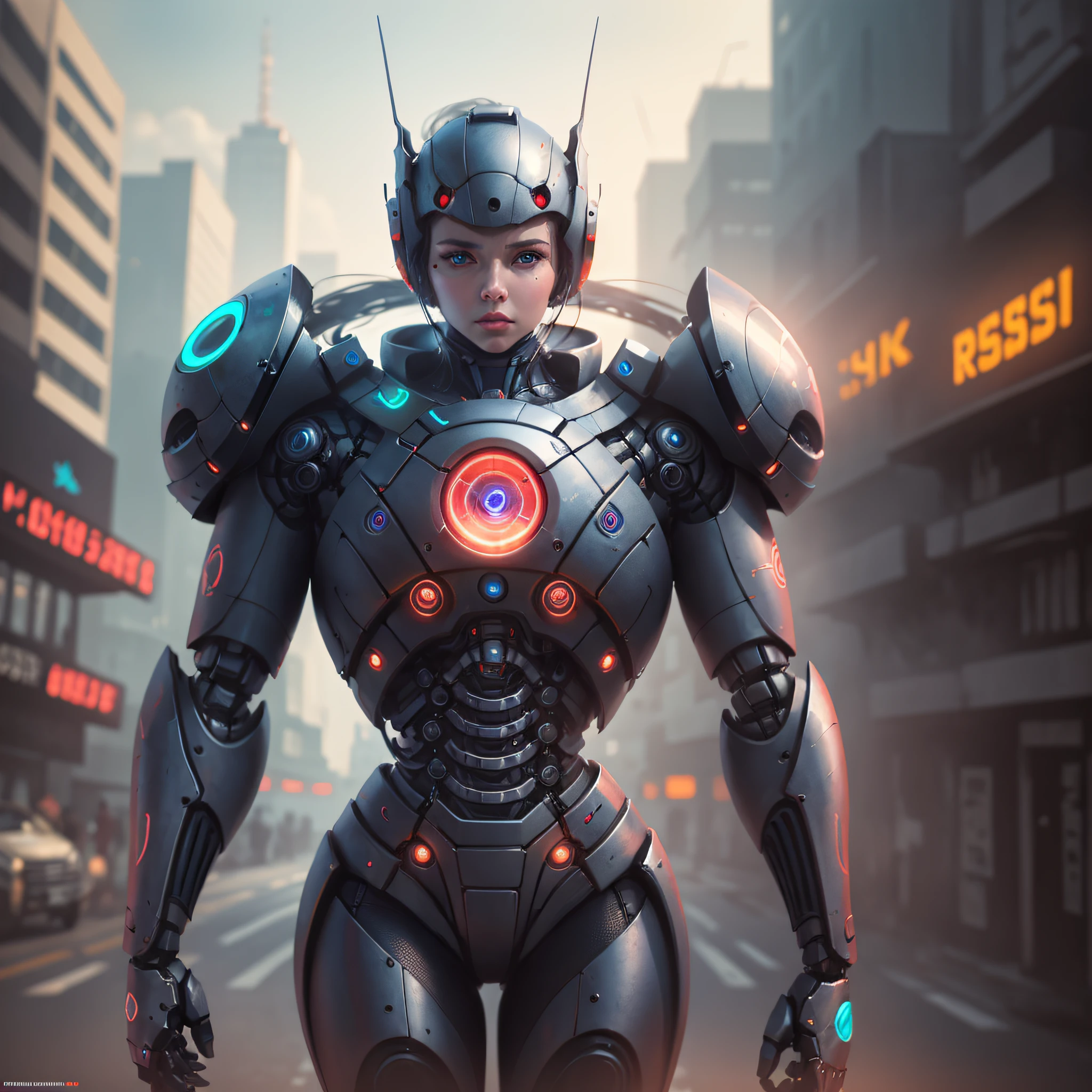 a robot together to a man , masterpiece, best quality, 8k, , sharp focus, ultrarealistic, raw photo, backround digital neon