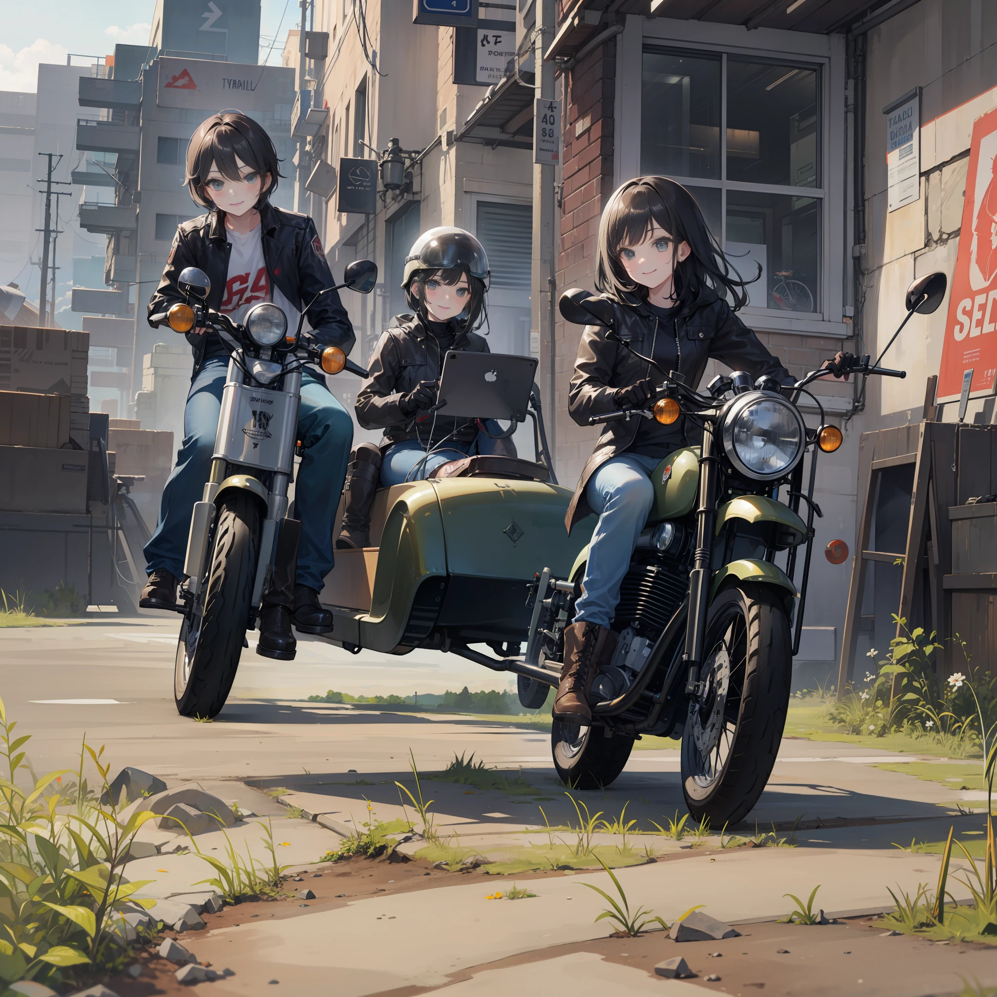 Two beautiful girls、smile on face、Long black hair、helmet、Short Bob Brown Hair、goggles、Smile、Motorcycle Trip、Ural sidecar、Leather Jean、Damaged jeans、Bike Gloves、Engineer Boots、Horizon、motor bikes, wasteland, Motorcycles,Riding, adventure、Road Movie、