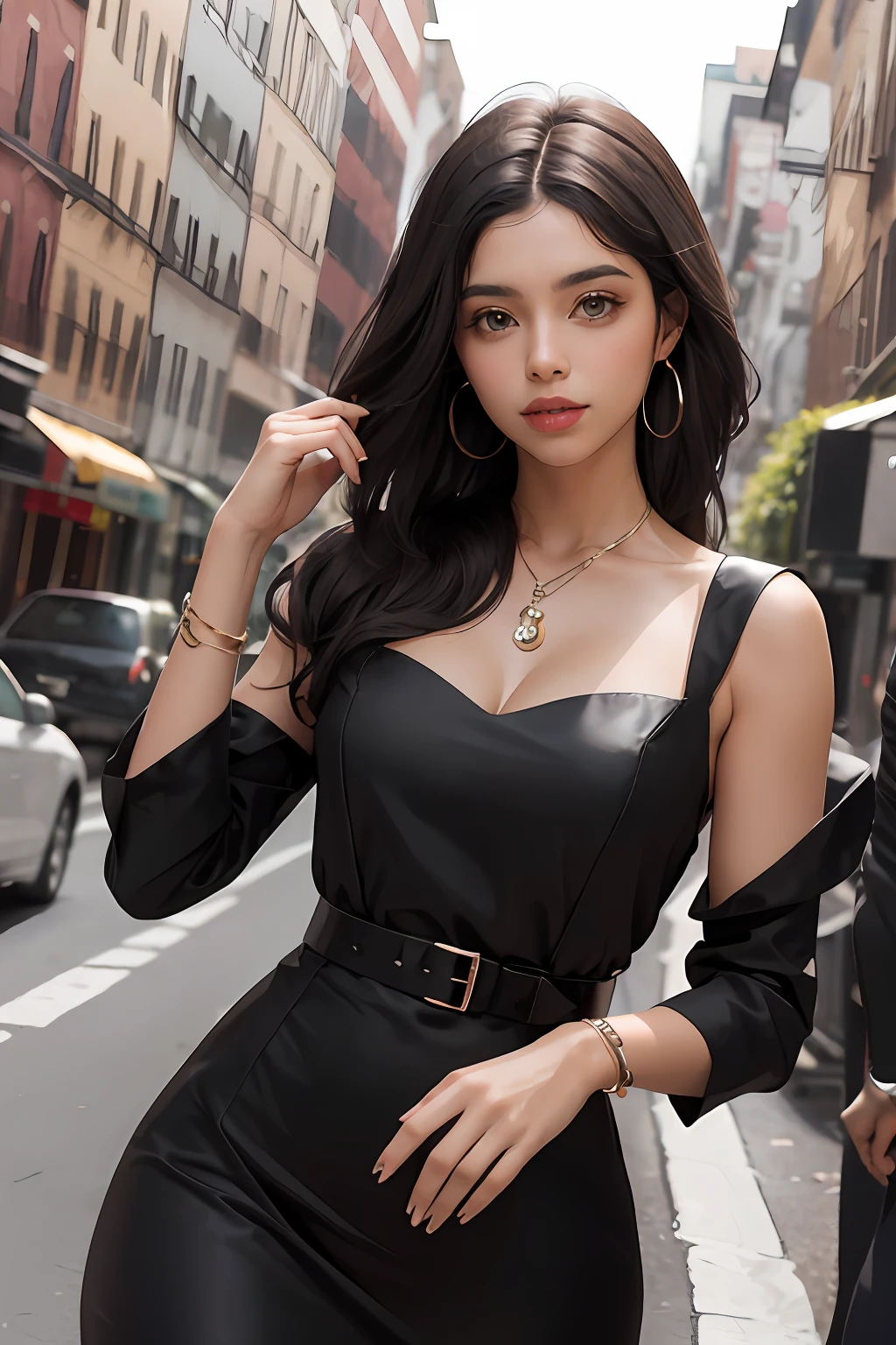 uma mulher negra com cabelos castanhos, black dress