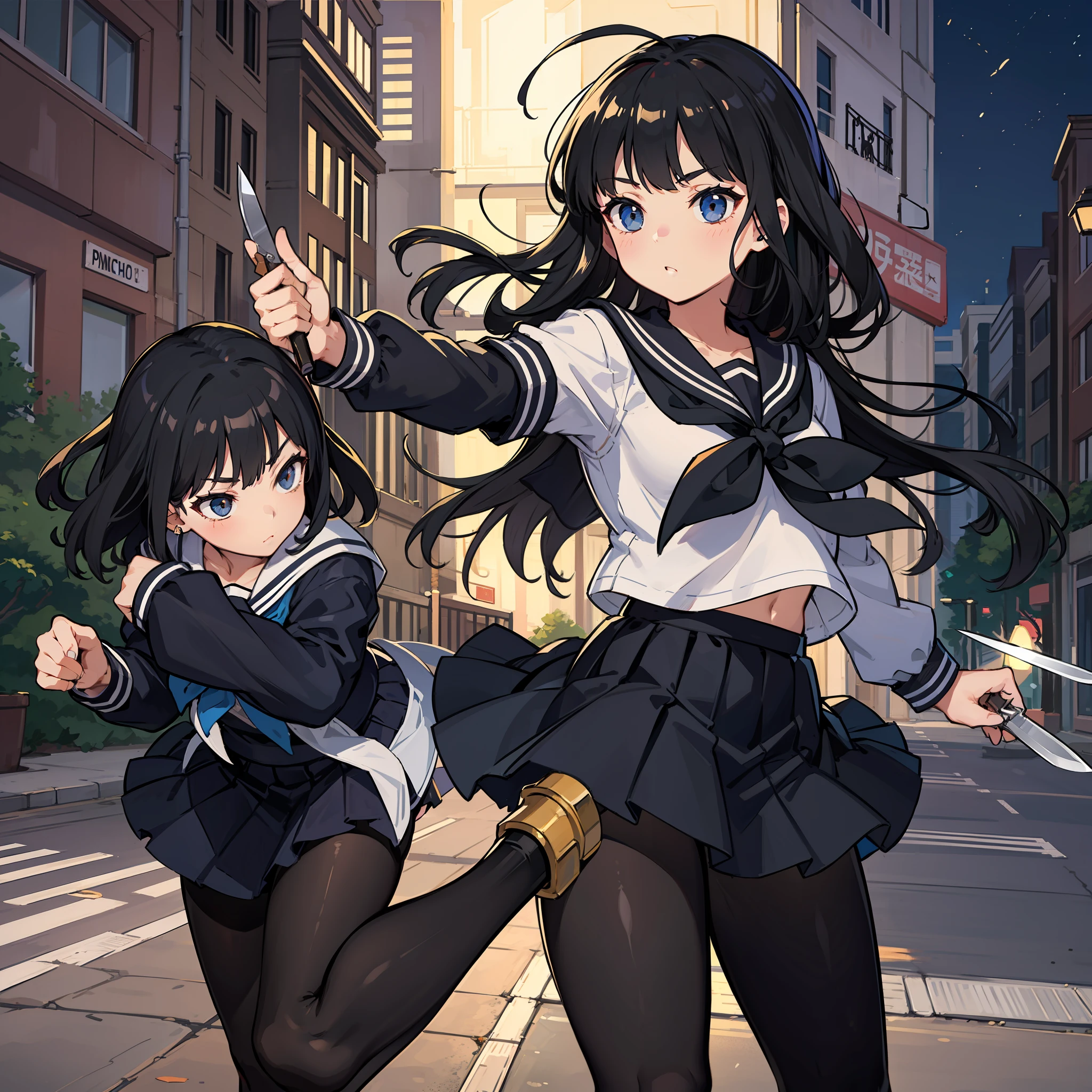Beautiful highschool girl Long black hair、Sailor Summer Uniform、Half-sleeved、skirts、Black tights、loafers、Holding a Rambo knife、Street corner at night、Light、High Kick、Panchira