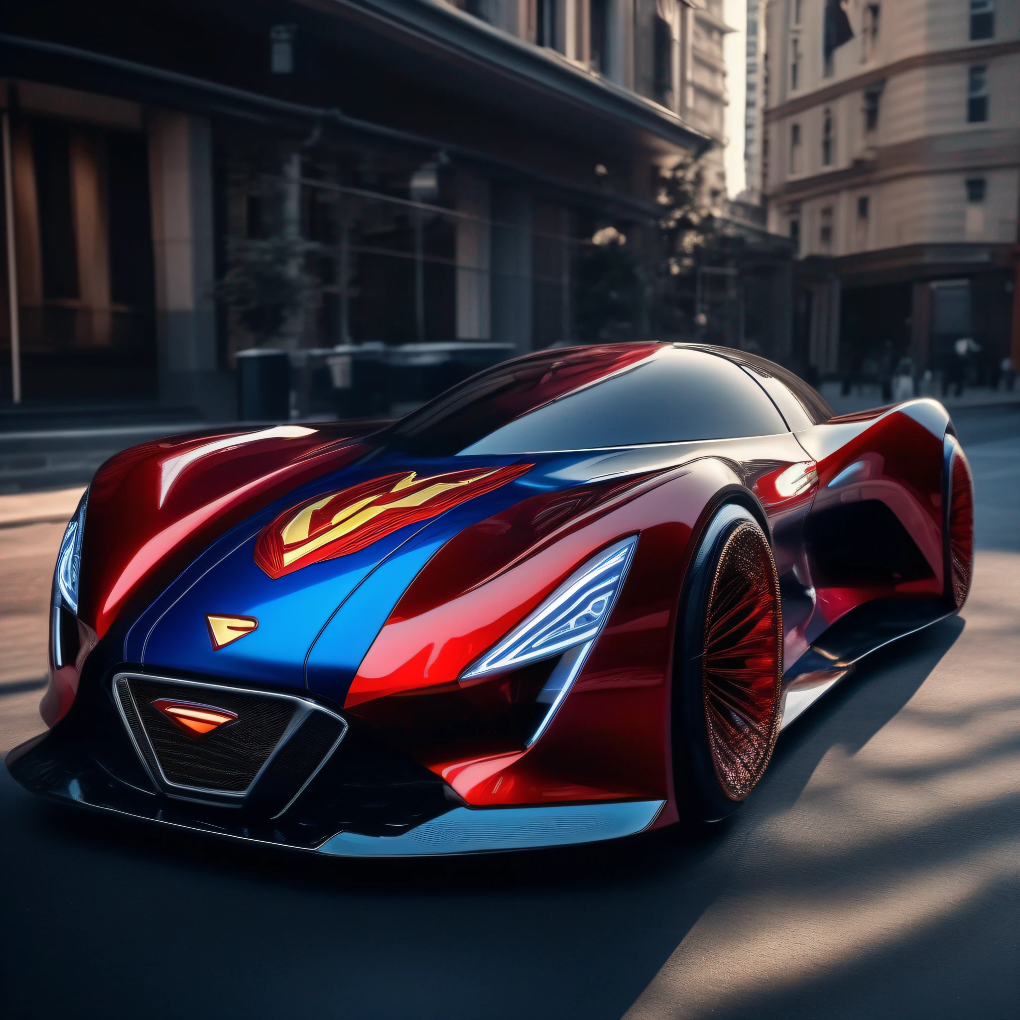 A Stunning Shot of an Super Man-Themed Car, Adorned with Sleek and Futuristic Design Elements, detailed, realistic, HD, trending on automotive and superhero enthusiast platforms.