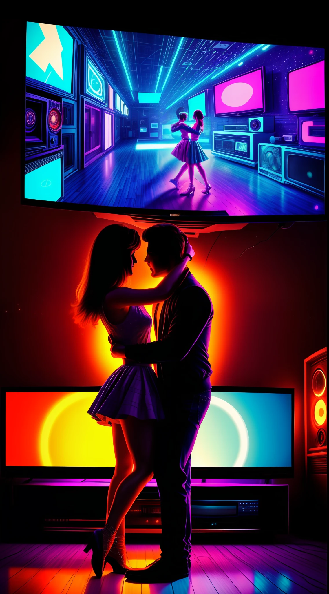 "A couple dancing on a retro dance floor, surrounded by neon lights and TV screens with pixelated images from the 80s." Utilizar cores saturadas, flickering light effects and apply a pixelated effect on TV screens to create a vintage aesthetic.