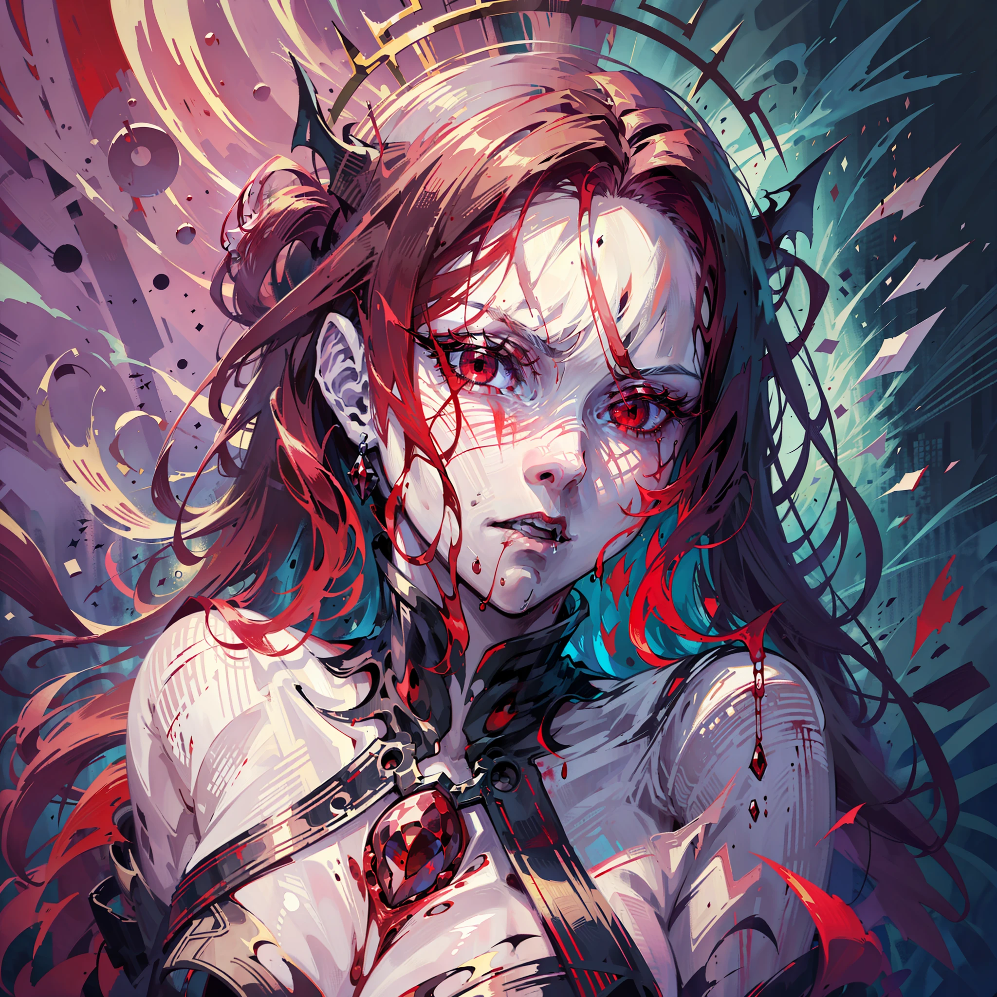 Create a captivating anime-style portrait of a vampire with vibrant red eyes, pale skin, and long, flowing dark hair. As a symbol of her insatiable thirst for blood, crimson liquid flows from her slightly parted lips, gracefully descending and splattering onto her chest. The scene is bathed in a mysterious, moonlit ambiance, casting shadows that add an air of both danger and seduction. The vampire's expression is intense and alluring, capturing the essence of her immortal existence. Pay close attention to intricate details, such as the elegant folds of her clothing and the intricate patterns on her accessories. Bring out the dynamic and expressive nature of anime art to portray the mesmerizing flow of blood and the captivating presence of the vampire.