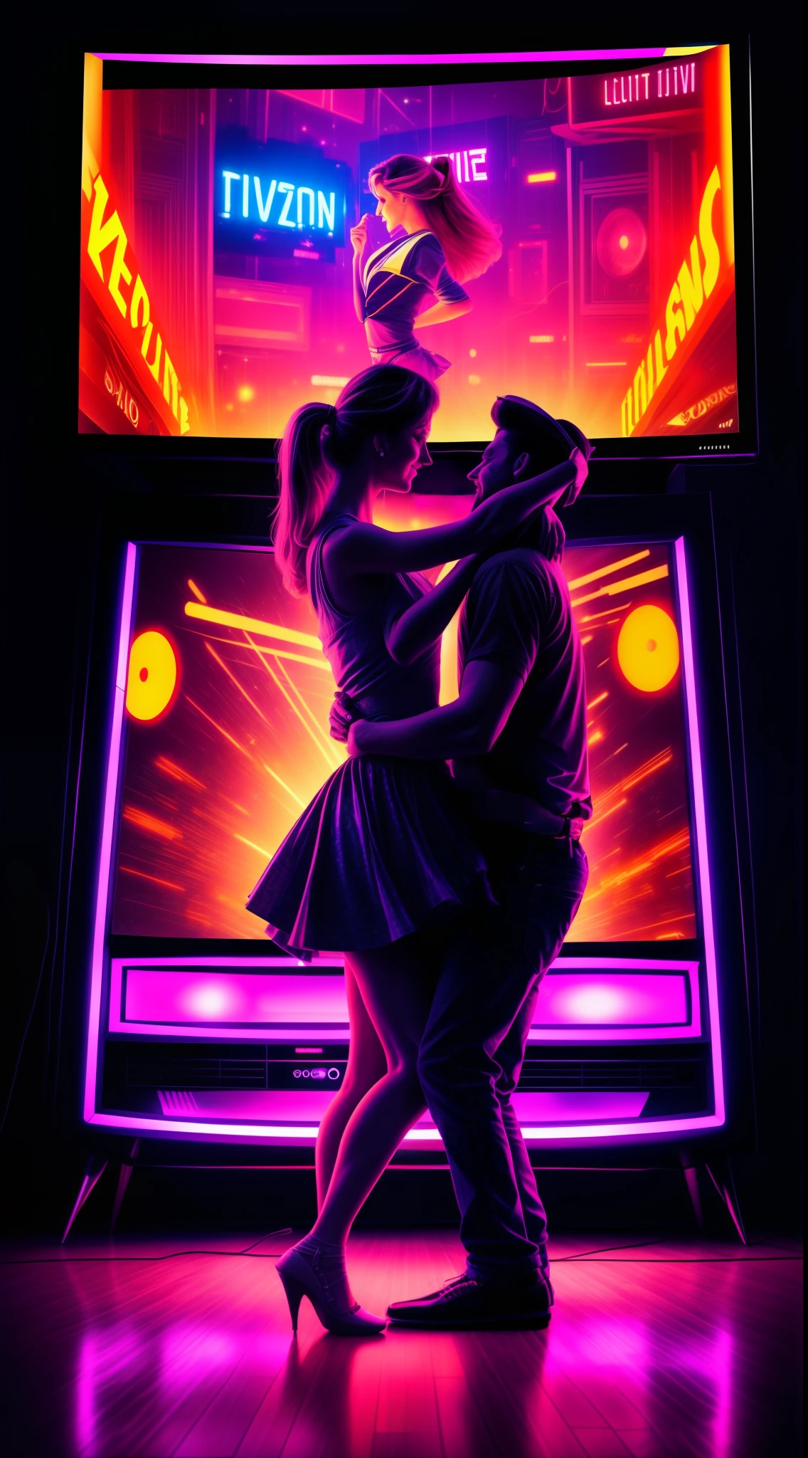 "A couple dancing on a retro dance floor, surrounded by neon lights and TV screens with pixelated images from the 80s." Utilizar cores saturadas, flickering light effects and apply a pixelated effect on TV screens to create a vintage aesthetic.