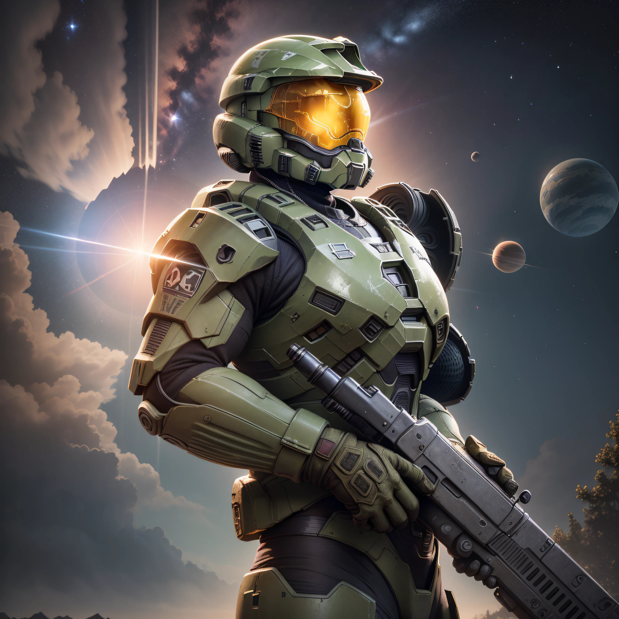 (8k, best quality, masterpiece:1.2), (realistic, photo-realistic:1.5), Halo, Master Chief, solo, A giant planet setting over the horizon, stars in the background, raw ,intricately detailed, award winning photograph, good contrast, high sharpness, facial symmetry, bokeh, ultra-detailed