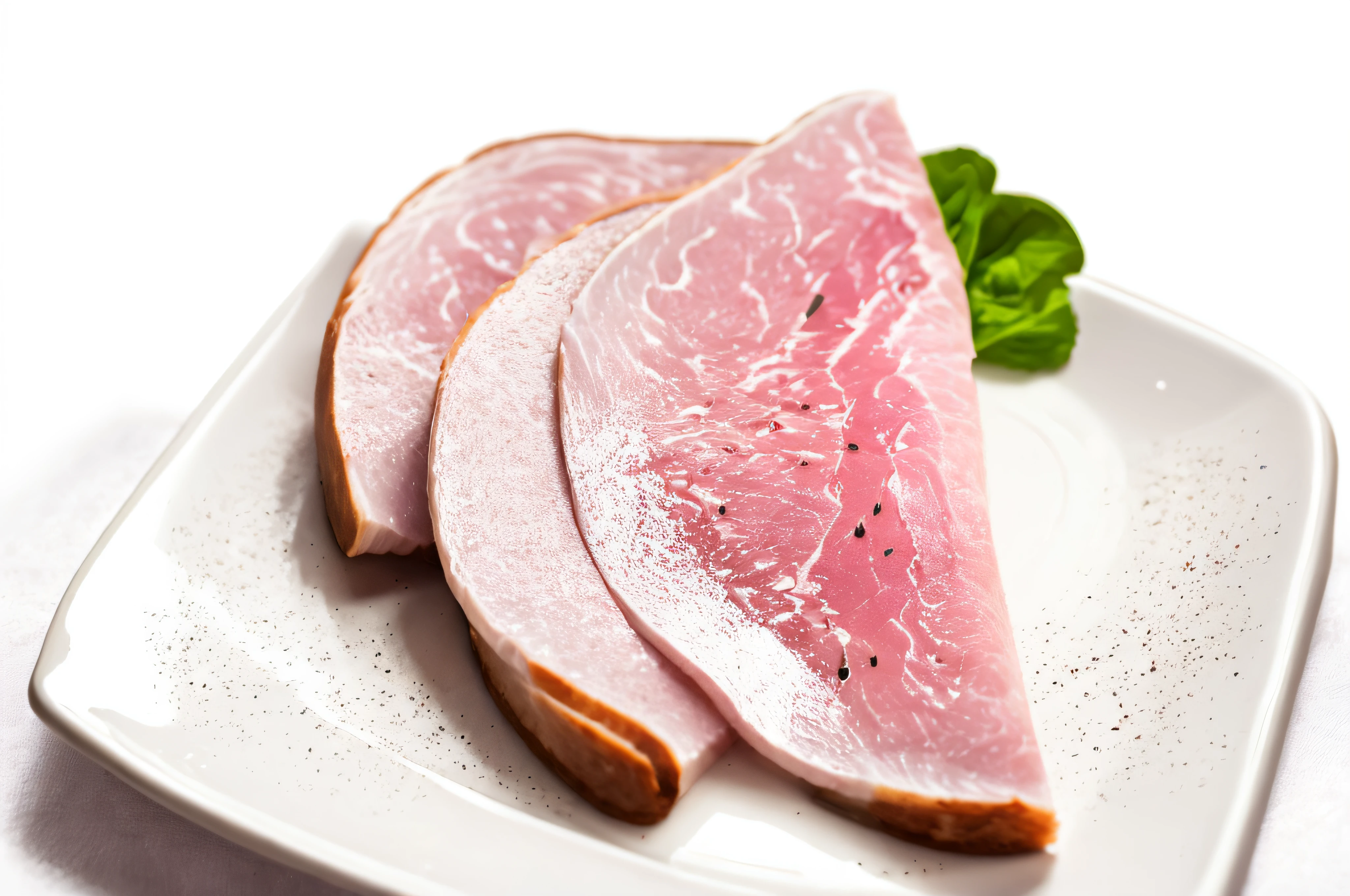 there are three slices of ham on a plate on a table, ta, lunchmeat, raw pork, pork meat, pork meat, bacon, served on a plate, smooth pink skin, holdi, delicacy, high detail product photo, on a white background, the background is white, covered in organic flesh meat, meat texture, meat with veins, chicken, on a white background