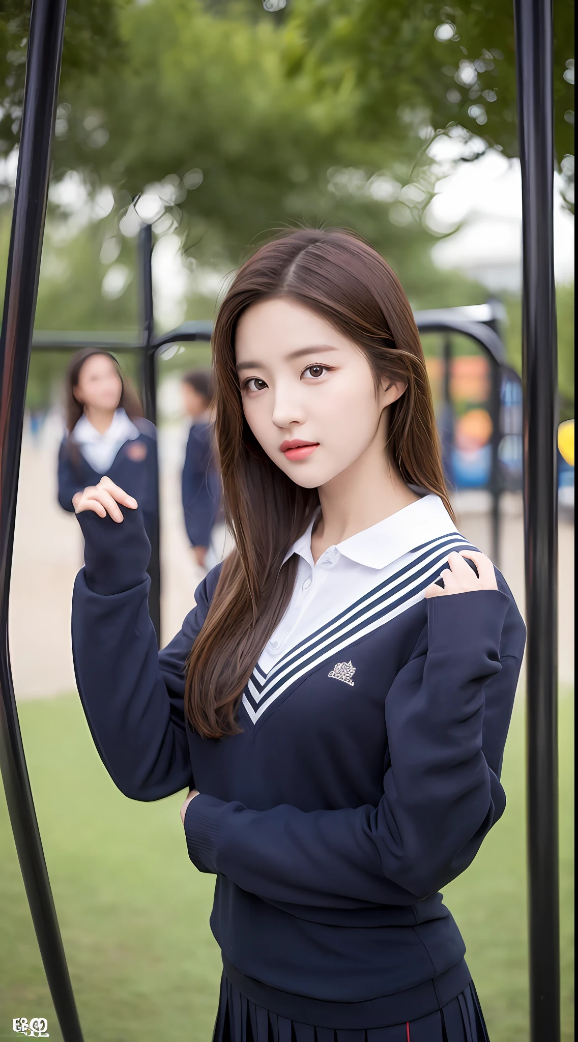 ((Realistic lighting, Bestquality, 8k, MASTERPIECE:1 girl.3 girls)), Sharp Focus:1 girl.2 Maidens, 1 girl one girl, A beauty with a perfect figure:1 girl.4 pcs, Slim abs:1 girl.1 girl, ((Dark Brown Hair)), (school uniforms:1 girl.4 pcs),(out door,Daytime:1 girl.1 girl),playground,ultrahigh-fine face,Fine eyes,Double eyelidd,